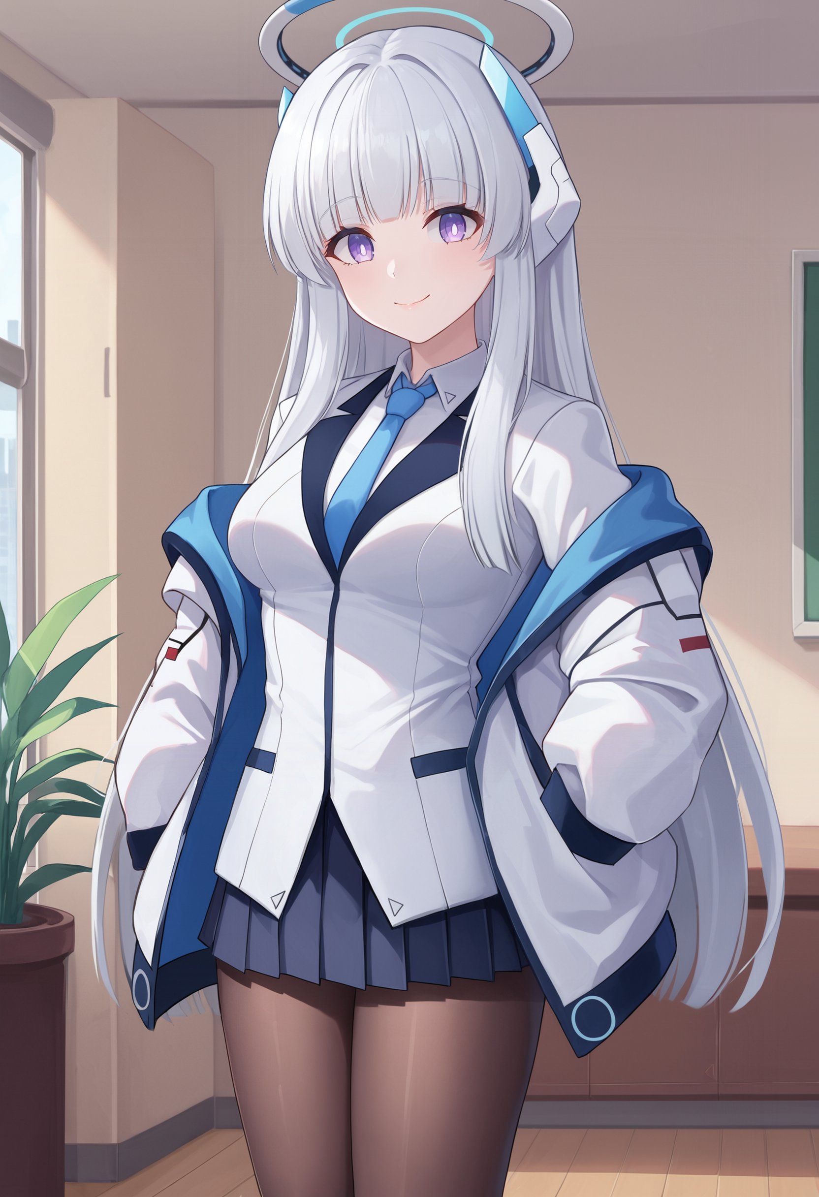 zPDXL, source_anime, BREAKushio noa, white hair, long hair, medium breasts, halo, headphones, pantyhose,school uniform, open jacket, light smile, closed mouth,standing, cowboy shot, indoors,  <lora:noa2-ponyxl-kohya-000008:0.8>  