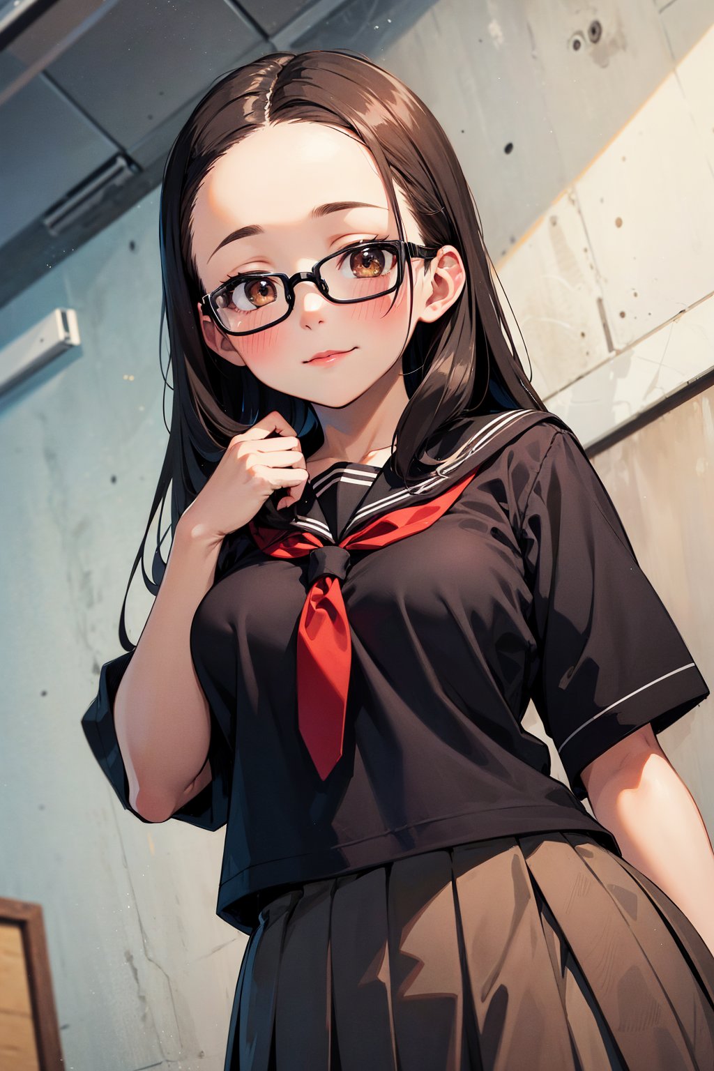 best quality, masterpiece, ultra high res, RAW photo1girl,,solo,, school uniform,serafuku, brown_eyes, black_hair, straight hair, lips,  (forehead:1.3),cute, medium breasts, plump,petite,loli,glasses,,closed mouth, convergent strabismus, bashful, shy, blushing,BREAKmorning,Cheerfully greeting everyone, Simple background,Model shooting style