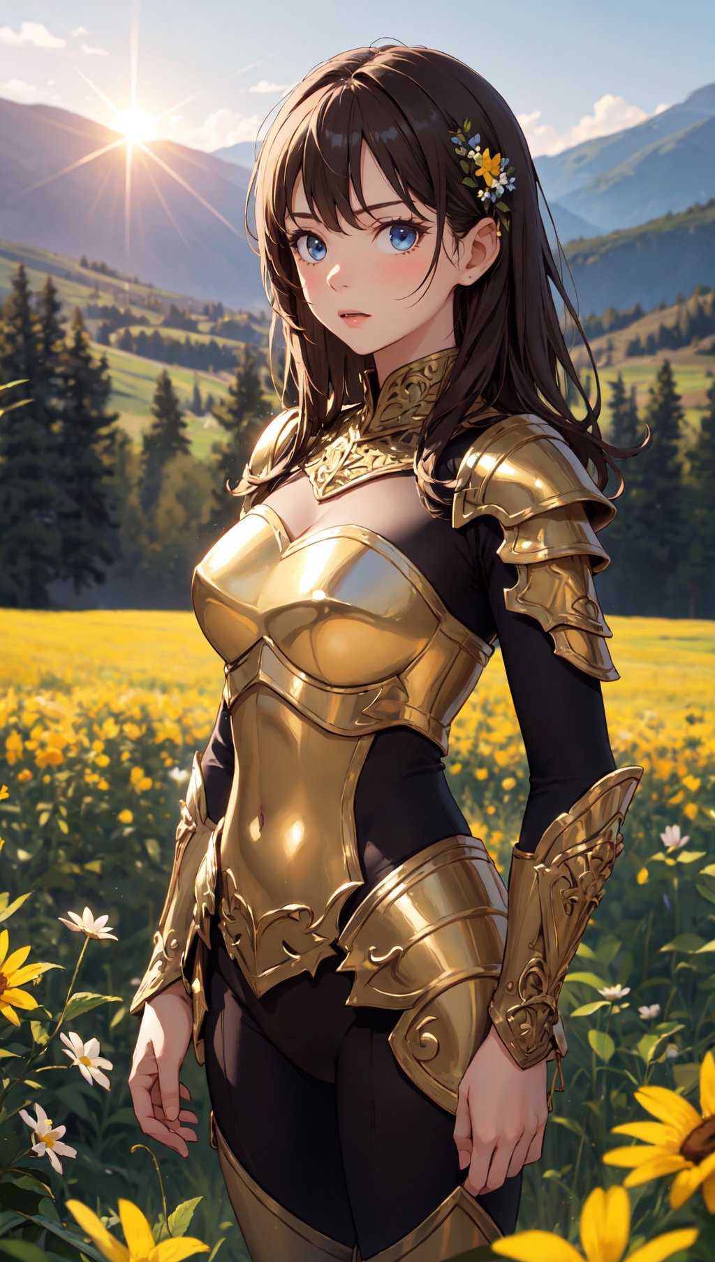 (masterpiece),(best quality),(extremely intricate),(sharp focus),(cinematic lighting),(extremely detailed),A young girl in armor,standing in a meadow of wildflowers. She has long brown hair adorned with wildflowers. Her expression is determined,and her eyes are shining with courage. The sun is shining brightly behind her,casting a golden glow over the scene.,flower4rmor,flower bodysuit,Flower,