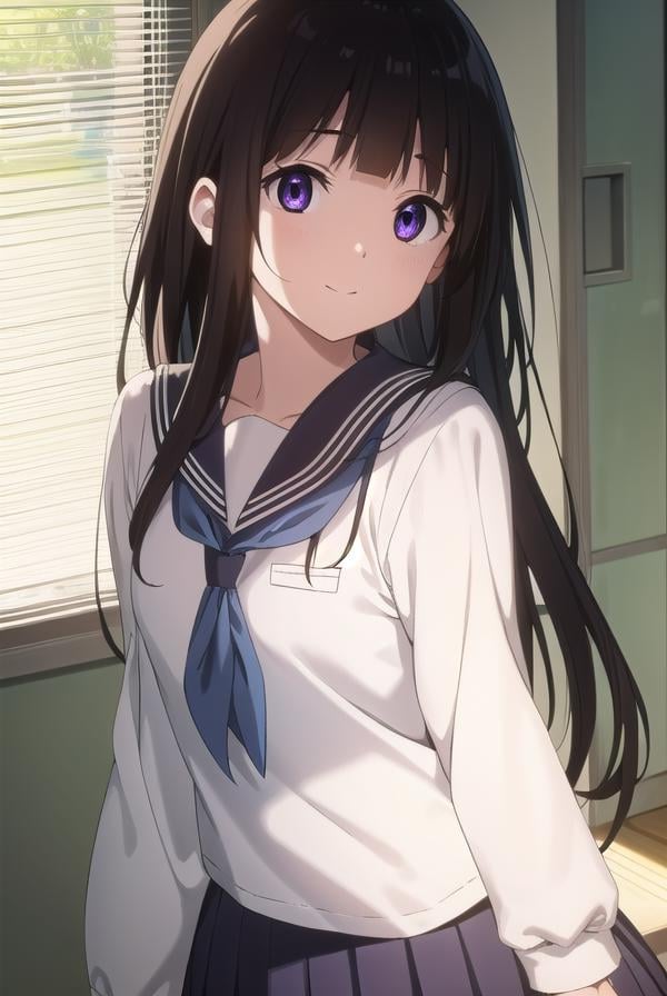 eruchitanda, <lora:eru chitanda s1-lora-nochekaiser:1>,eru chitanda, long hair, black hair, bangs, blunt bangs, (purple eyes:1.1), sidelocks, smile,BREAK skirt, school uniform, serafuku, kamiyama high school uniform \(hyouka\), black skirt, long sleeves, black sailor collar,BREAK indoors, classroom,BREAK looking at viewer, (cowboy shot:1.5),BREAK <lyco:GoodHands-beta2:1>, (masterpiece:1.2), best quality, high resolution, unity 8k wallpaper, (illustration:0.8), (beautiful detailed eyes:1.6), extremely detailed face, perfect lighting, extremely detailed CG, (perfect hands, perfect anatomy),