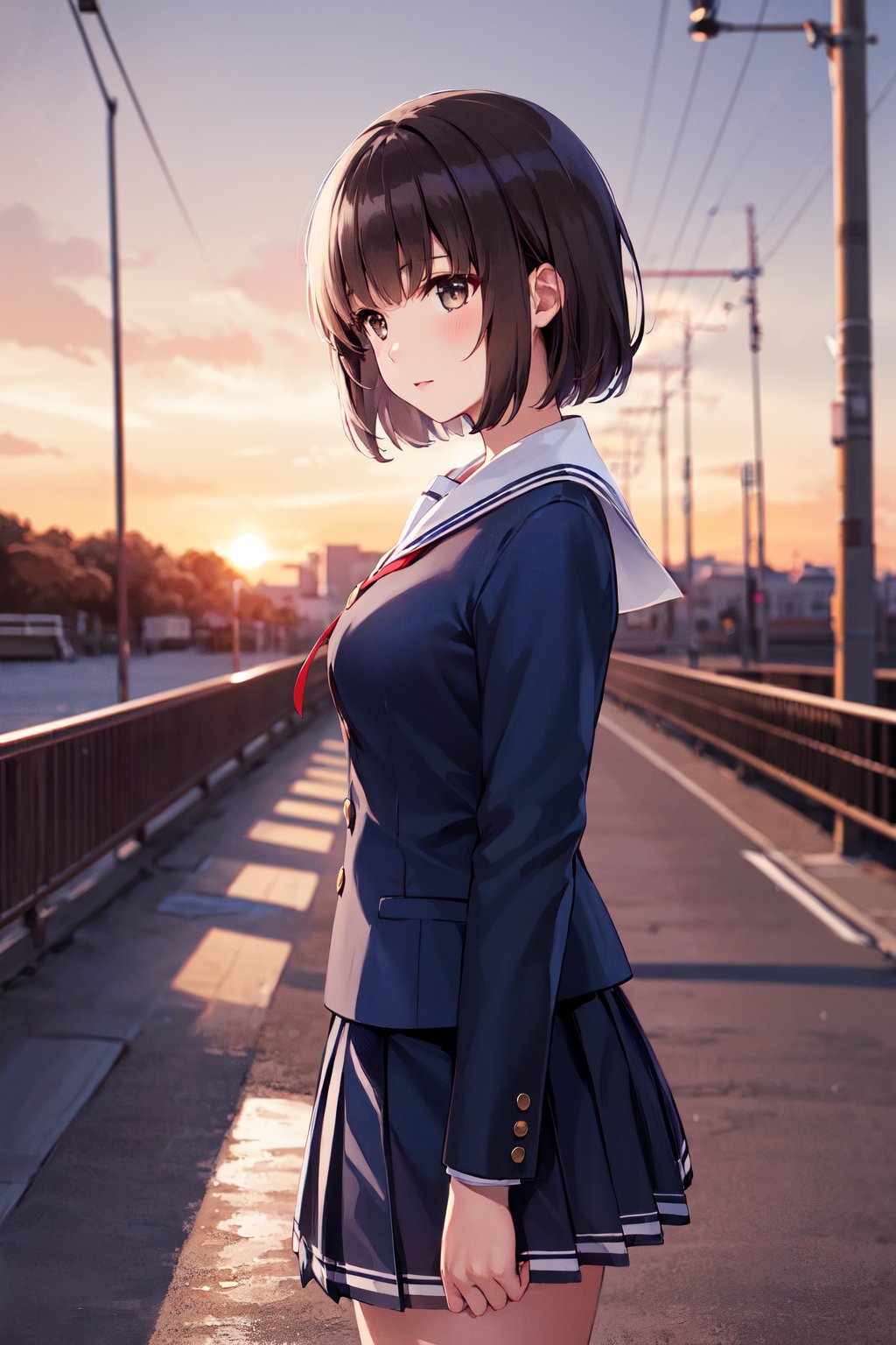 masterpiece, best quality, highres, bbmegumi, short hair, school uniform, sailor collar, (blue shirt:1.2), long sleeves, pleated skirt, blue skirt, <lora:katou_megumi_v2:0.7>, from side, bridge, sunset, standing, cowboy shot, 