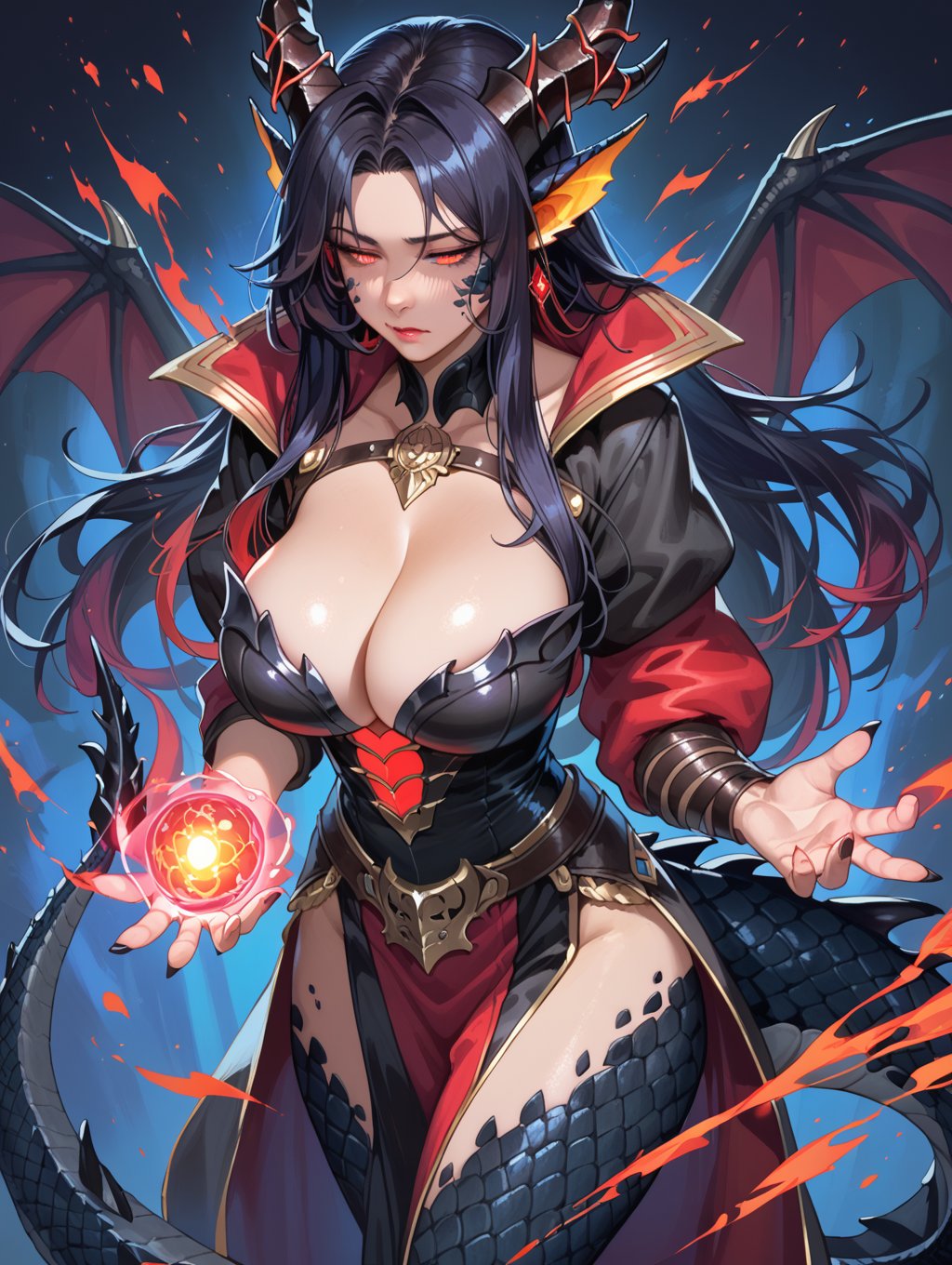 score_9, score_8_up, score_7_up, 1girl, long hair, large breasts, cleavage, (dragon girl, black dragon tail, black dragon scales, black dragon horns, glowing red runes), magic, half closed eyes, Glowing Runes