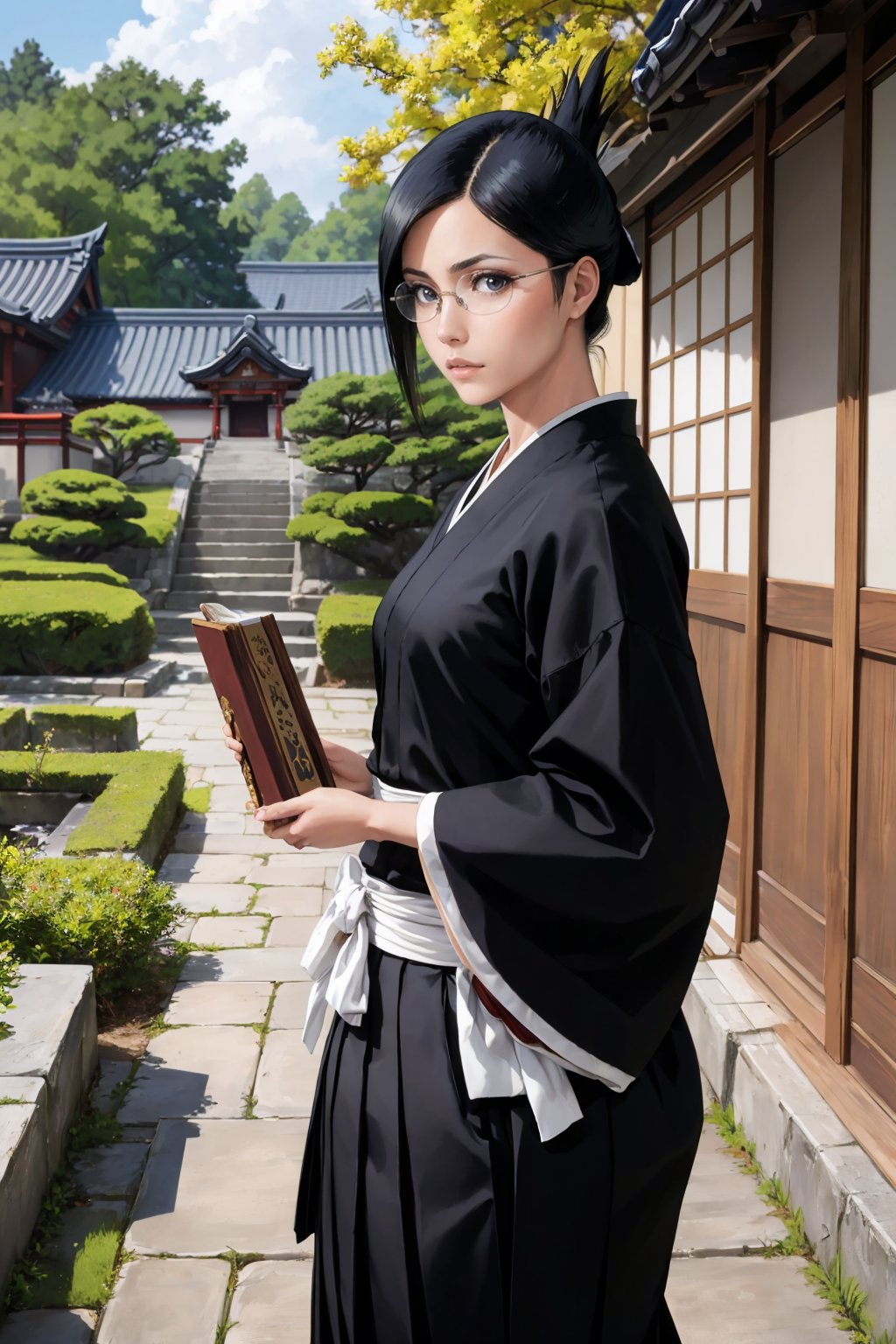 masterpiece, best quality, <lora:isenanao-nvwls-v1-000009:0.9> ise nanao, folded ponytail, glasses, black robes, sash, hakama skirt, seiza, walking, stairs, japanese architecture, trees, sky, holding book, looking at viewer