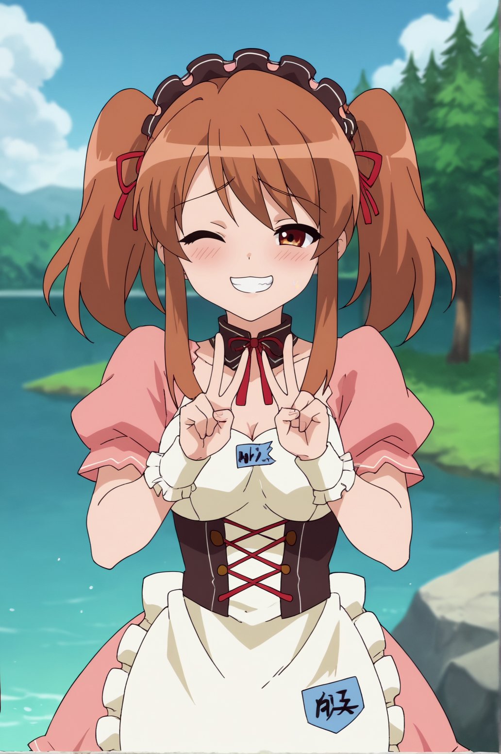 score_9, score_8_up, score_7_up,anime_source, source_anime, best background, detailed background, anime screencap,  Mikuru Asahina, Movie Outfit, v fingers, victory fingers, cowboy shot, smug, horny, blush, naughty face, outdoors, lake, <lora:JN_Mikuru_Asahina:0.8>