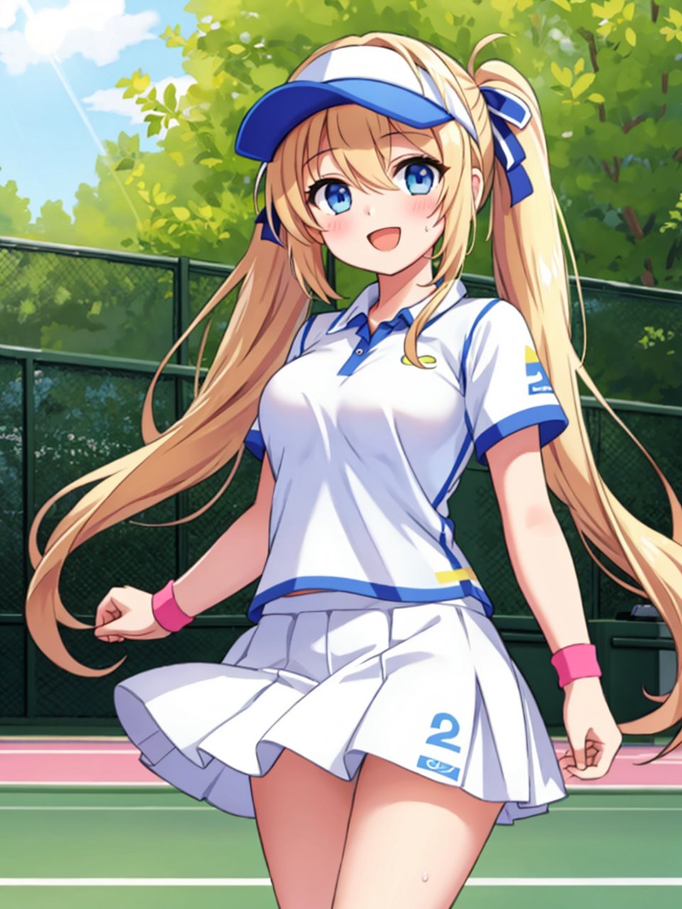(masterpiece, high quality, detailed background:1.1), 1girl, solo, blonde hair, very long hair, low twintails, hair between eyes, hair ribbon, blue eyes, (looking at viewer:1.3), medium breasts, outdoors, sunny, sun beams, tennis court, smile, open mouth, white tennis uniform, standing, miniskirt, (white clothes:1.2), sweatband, sports visor, standing,