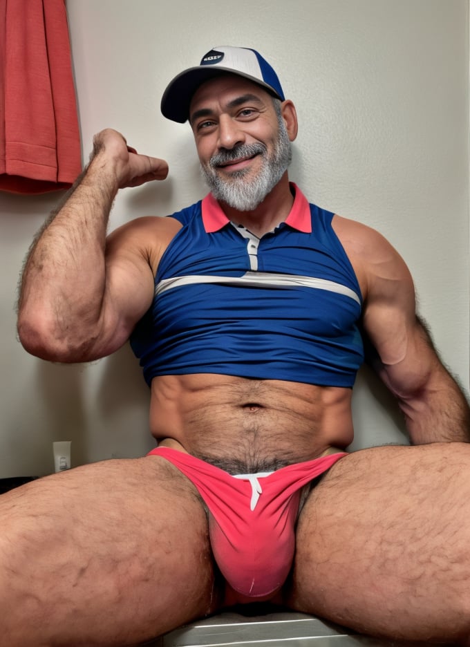 (score_9, score_8_up:1.3), score_7_up, raw, photo realistic, 1boy, beard, bulge, collared shirt, elbow rest, feet, hat, hat removed, jpozawa, jpozawa47, looking at viewer, male focus, male swimwear, navel, nude, old, on back, panties, realistic, shirt, smile, solo, spread legs, wet, jowdawei,  <lora:SD1.5_JowDawei.64:0.7>