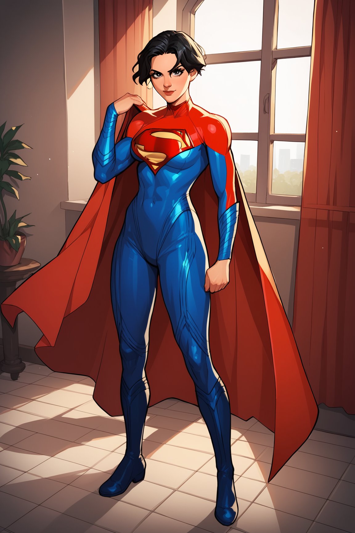 score_9, score_8_up, score_7_up, score_6_up, source_anime, BREAK, SupergirlTFXL, black eyes, black hair, short hair, curtain hair, medium breasts, superhero, red cape, bodysuit, red bodysuit, blue bodysuit, solo, full body, standing, looking at viewer, indoors <lora:SupergirlTFXL:0.8>