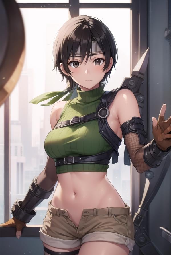 yuffiekisaragi, <lora:yuffie kisaragi v2-lora-nochekaiser:1>, yuffie kisaragi, (black hair:1.5), (brown eyes:1.7), short hair, pixie cut,BREAK crop top, fingerless gloves, fishnet thighhighs, fishnets, forehead protector, gloves, headband, navel, short shorts, shorts, single sleeve, single thighhigh, sleeveless, sleeveless turtleneck, thighhighs, turtleneck,BREAK cowboy shot, looking at viewer, BREAK indoors,BREAK <lyco:GoodHands-beta2:1>, (masterpiece:1.2), best quality, high resolution, unity 8k wallpaper, (illustration:0.8), (beautiful detailed eyes:1.6), extremely detailed face, perfect lighting, extremely detailed CG, (perfect hands, perfect anatomy),