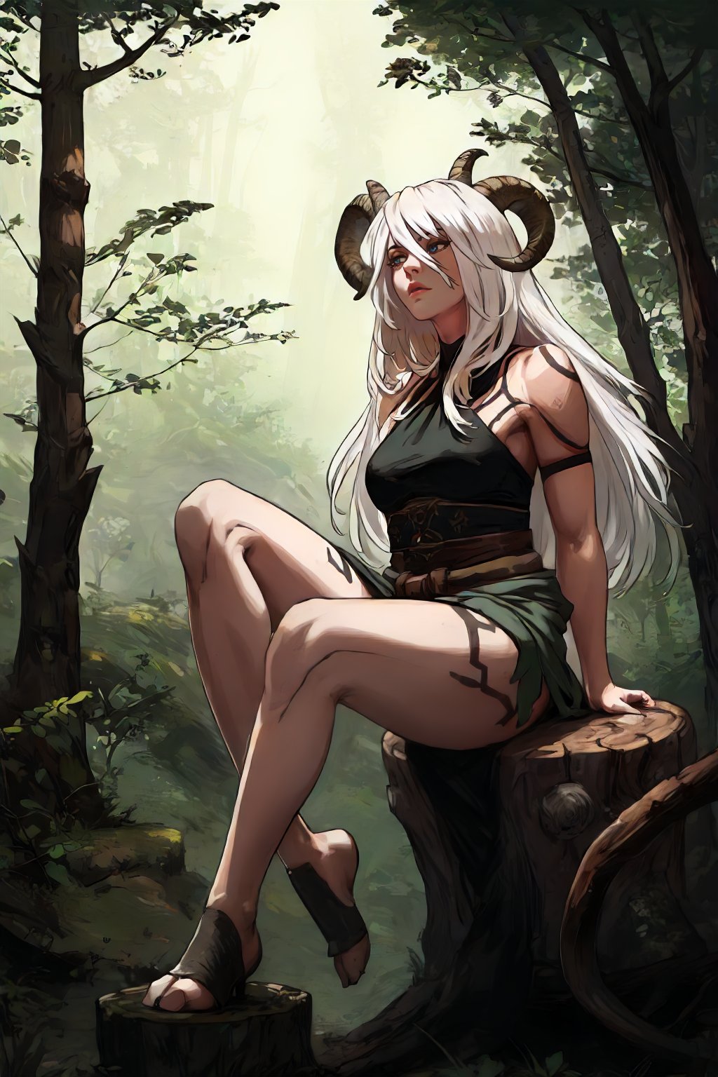 <lora:TW_Succubus-DEF:0.7> witsucc,   <lora:Yorha_A2-DEF:0.7> 1girl, long hair, white hair, lion tail, ram horns, goat legs, hooves, sitting on a tree stump, nature, looking away, halterneck, waistcloth, tattoo, perfect, sharp, masterpiece, detailed, high resolution, best quality,