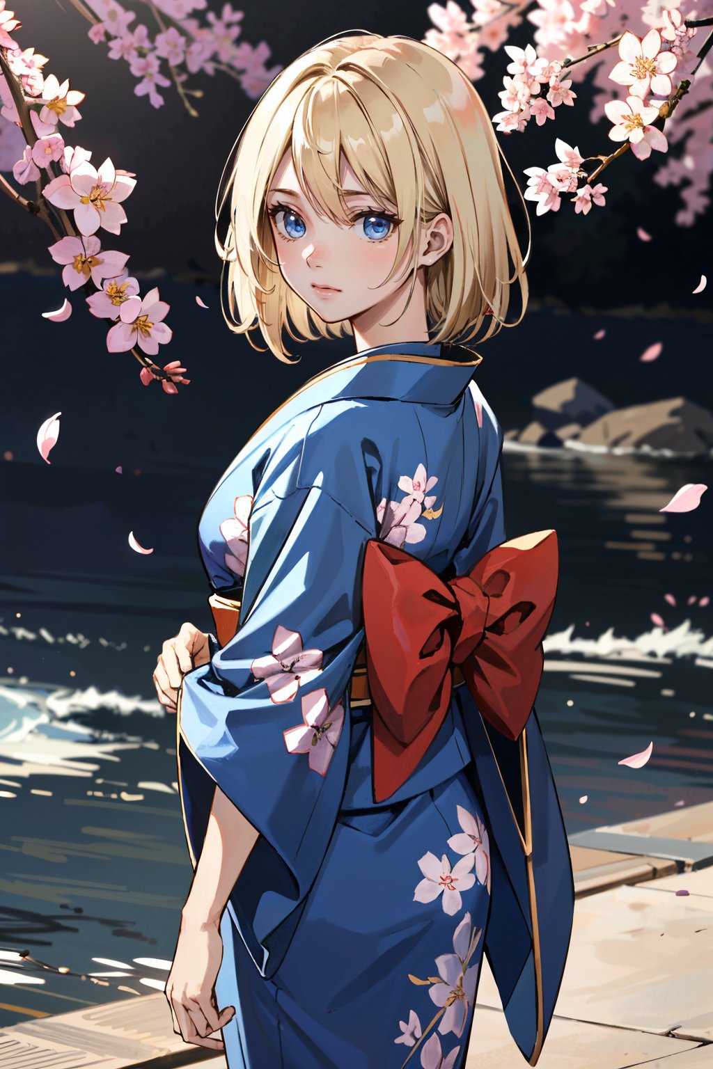 ((ultra detailed, masterpiece, absurdres)) <lora:I2SGirl:0.8>I2SGirl, medium hair, blonde hair, blue eyes, in a traditional kimono, surrounded by cherry blossoms