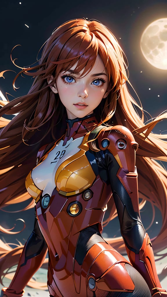 (best quality, masterpiece, colorful, dynamic angle, highest detailed)(Asuka Langley), upper body photo, fashion photography of cute red long hair girl (Asuka Langley), dressing high detailed Evangelion red suit (high resolution textures), in dynamic pose, bokeh, (intricate details, hyperdetailed:1.15), detailed, moonlight passing through hair, perfect night, (fantasy background), (official art, extreme detailed, highest detailed), HDR+