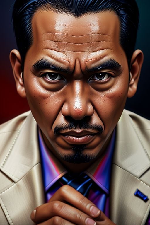 a photograph of , a close up of a indonesia man in a suit , a digital painting inspired by rodel gonzalez, featured on cgsociety, funk art, wearing a colorful men's suit, style in digital painting, style digital painting,ebez