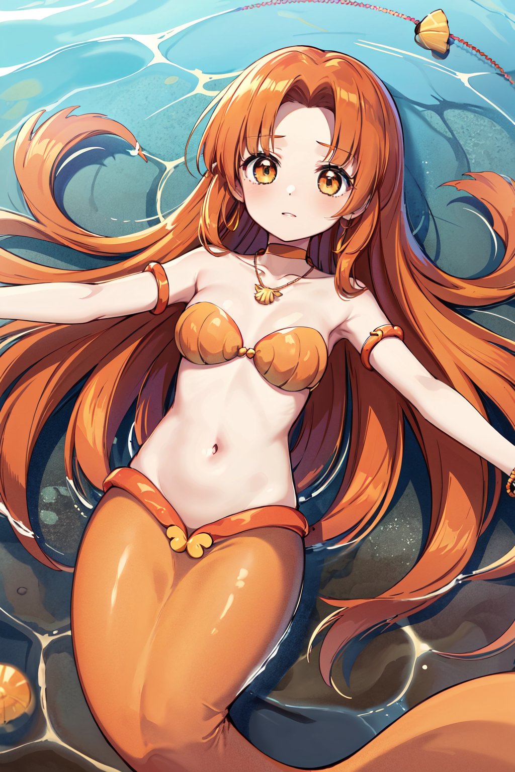 masterpiece, best quality, highres, 1girl, solo, long hair, orange hair, parted bangs, brown eyes, mermaid, choker, necklace, strapless, shell bikini, jewelry, bracelet, armlet, midriff, <lora:seira_v1:0.7>, from above, water, lying, outstretched arms, 