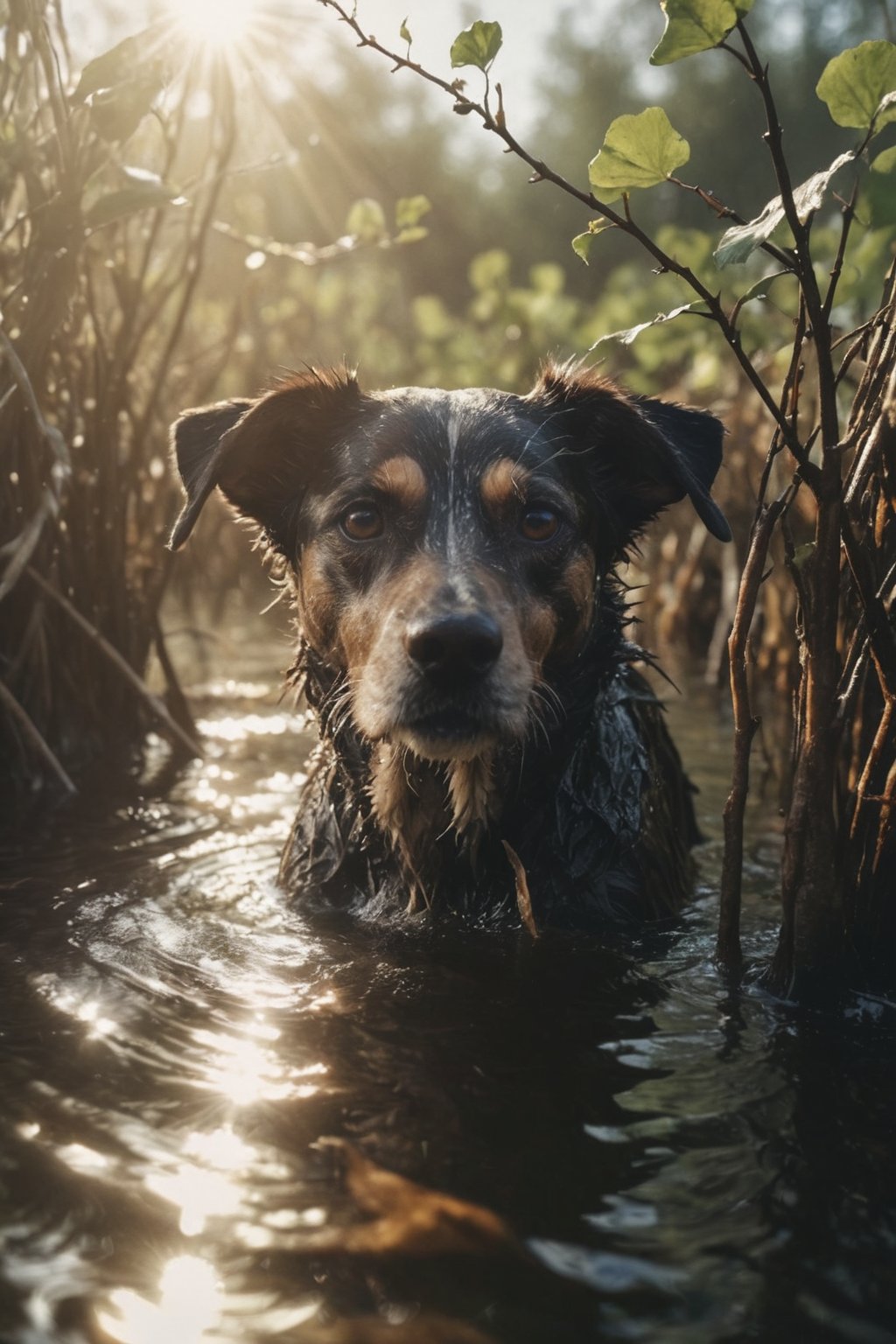 35mm Vintage photo of a dog in the swamps sticks its head out of the water, vines, drinking the water, best quality, detailed background, sunlight ray tracing, hyper detailed photorealistic life-like accurate proportional, 8k sharp focus, (accurate cinematic lighting), photorealistic detail, best quality, high contrast, rule of thirds, depth of field, (selective focus:0.6) <lora:Desolation:0.4>