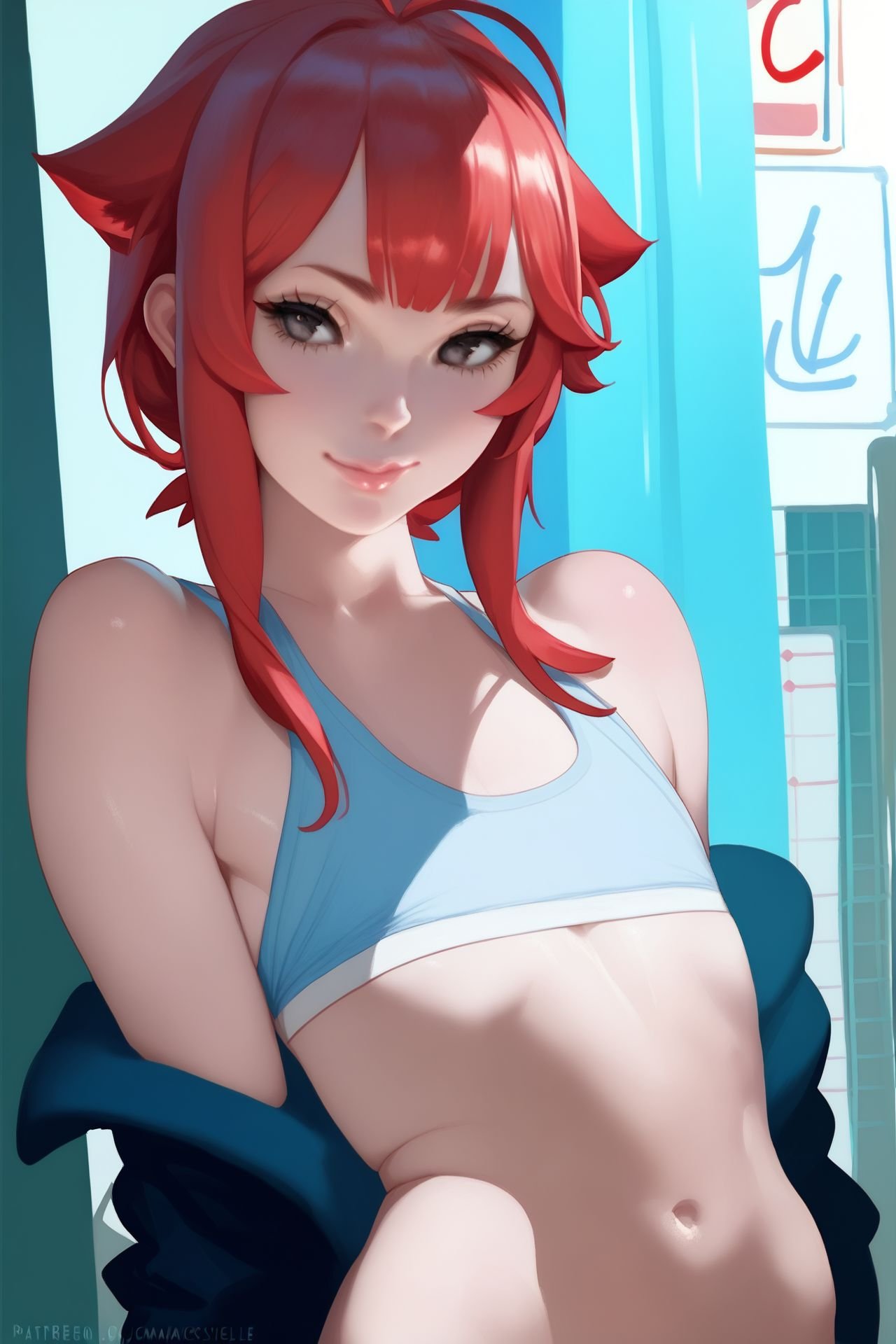 score_9, score_8_up, score_7_up, 1girl, seductive smile, red hair, short_bangs, hair_flaps, black eyes, flat chest, covered nipples, cubicle, <lora:Sakimichan_PonyXL_style_v01.10.02.05:1>