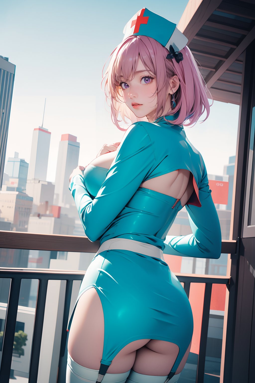 <lora:GoodHands-手beta2:1>,solo,1girl,outdoors,cityscape,standing,cowboy shot,<lora:0401 Cling To Latex_v1:1>,ruanyi0401,nurse cap,short dress,blue dress,garter straps,white thighhighs,cleavage cutout,capelet,from behind,ass,, best quality,masterpiece,highres,official art,extremely detailed cg unity 8k wallpaper