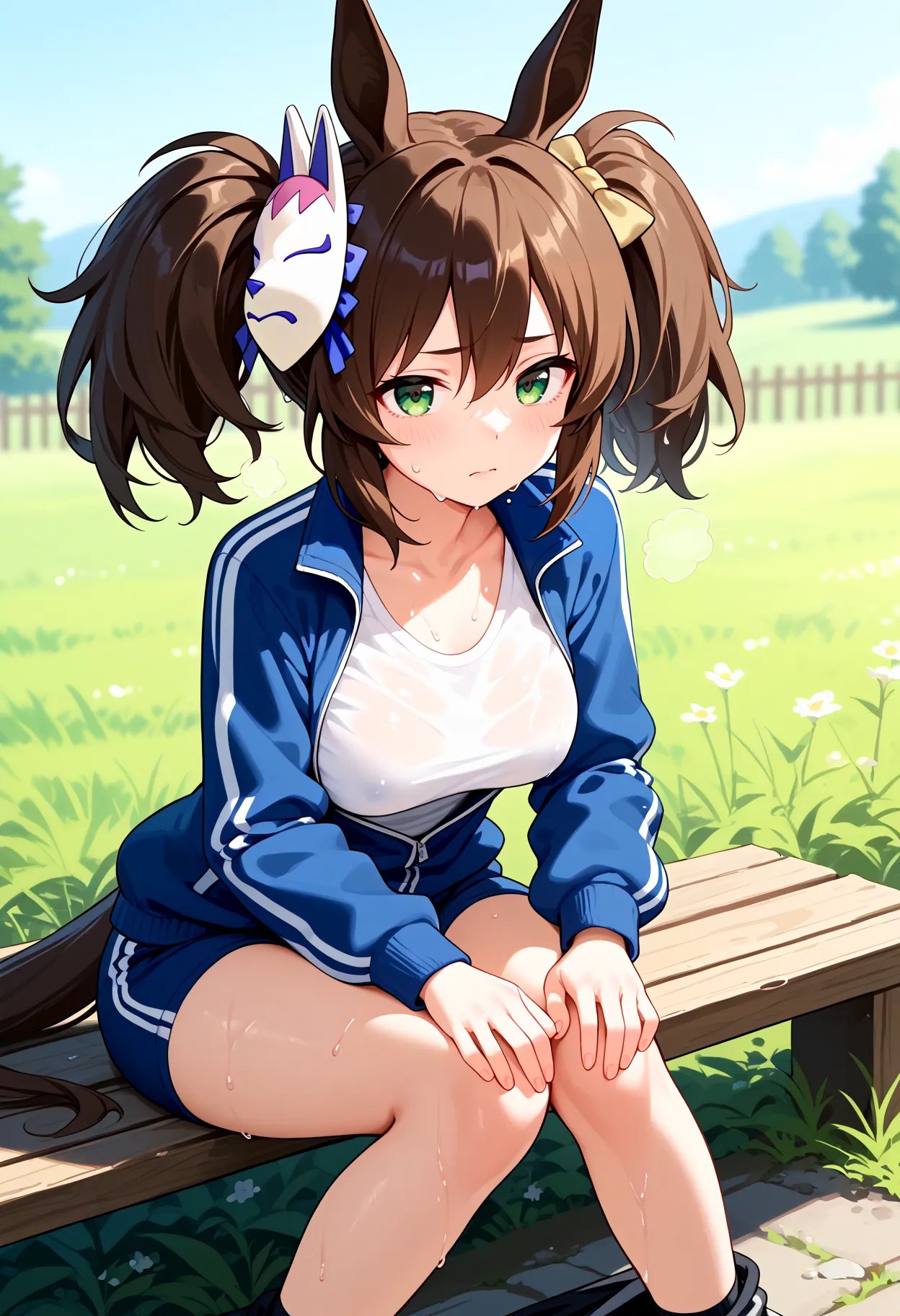 score_9, score_8_up, score_7_up, BREAK, best quality, masterpiece, very aesthetic, ultra detailed,very detailed background,BREAK,,zPDXL3,Inari, breasts, horse ears, horse tail, brown hair, bangs, hair between eyes,twintails, green eyes,hair bow, mask on head, fox mask,wet skin,steaming body,tracksuit,sweat drop,field,daytime,school gym clothes,Tired,standing, hands on knees,steam,Open Jersey,sitting,front view,short stature<lora:Inari_One-ponyXL:1>