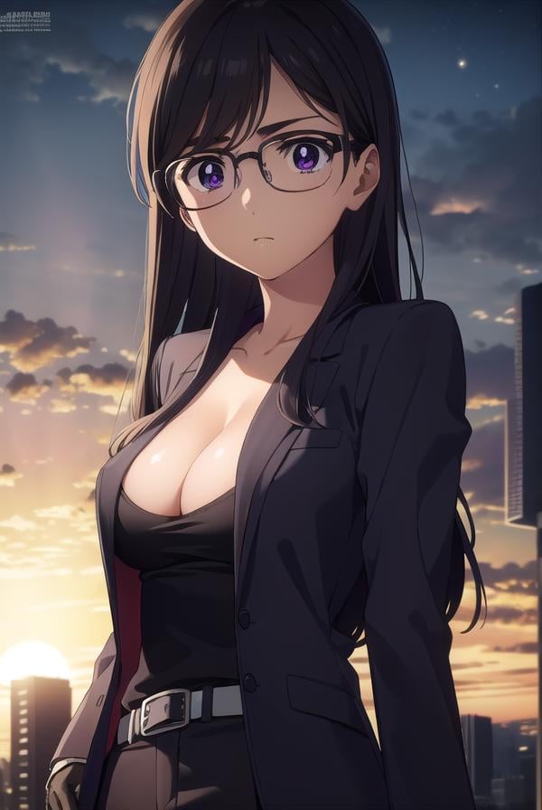 hizuruminakata, <lora:hizuru minakata s1-lora-nochekaiser:1>,hizuru minakata, long hair, black hair, glasses, (purple eyes:1.1), black-framed eyewear,BREAK shirt, gloves, cleavage, collarbone, jacket, black gloves, pants, black jacket, black shirt, black pants, formal, suit,BREAK outdoors,BREAK looking at viewer,BREAK <lyco:GoodHands-beta2:1>, (masterpiece:1.2), best quality, high resolution, unity 8k wallpaper, (illustration:0.8), (beautiful detailed eyes:1.6), extremely detailed face, perfect lighting, extremely detailed CG, (perfect hands, perfect anatomy),