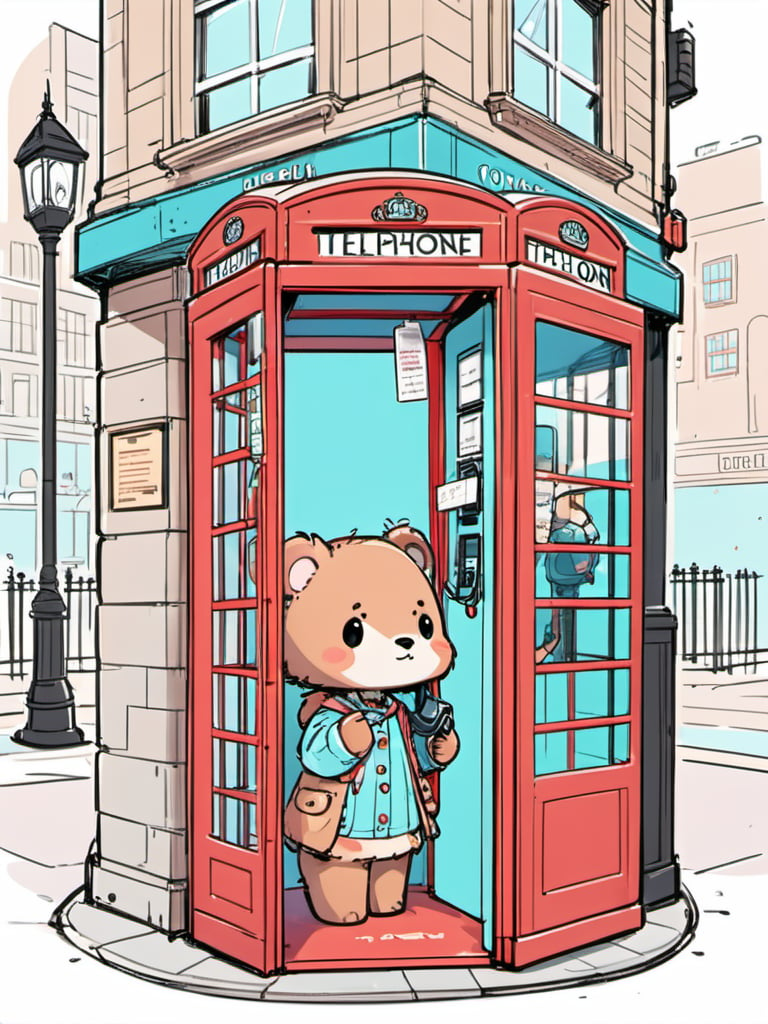 <lora:luXL毛躁手绘Fuzzylines_lora_resized:0.6>, fuzzylines, sketch, a cute little bear is making phone call in a telephone booth in the street in london, chibi, adorable kawaii,