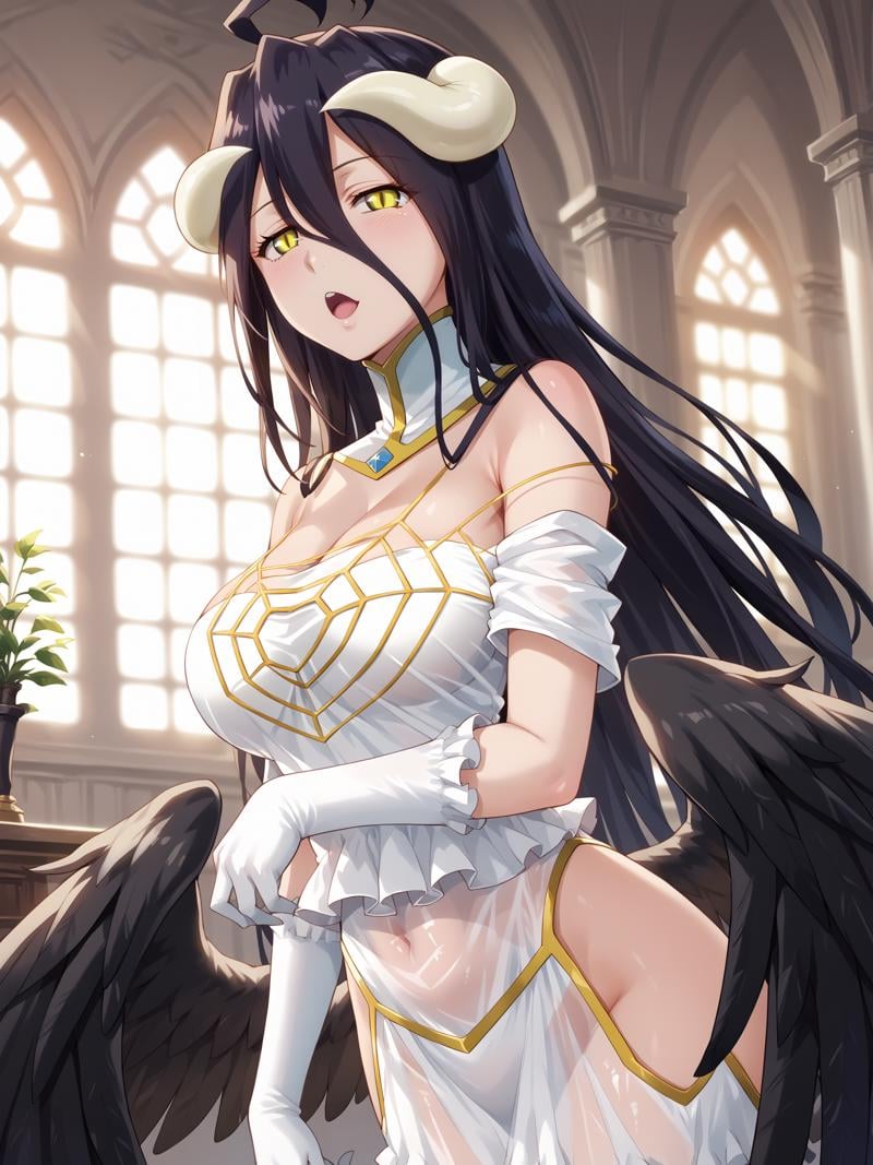 score_9, score_8_up, score_7_up, score_6_up, score_5_up, score_4_up, albedo_White_dress_Off-shoulder_dress_Detached_collar, albedoo, solo, looking_at_viewer, large_breasts, cleavage, demon_horns, open_mouth, :o, jewelry, spider_web, gold_silk, see-through_dress, elbow_white_gloves, black_demon_wings, low_wings, frilled_dress, hip_vent, standing, indoors, window, backlighting, <lora:ALBEDO_V1sdxl:1>