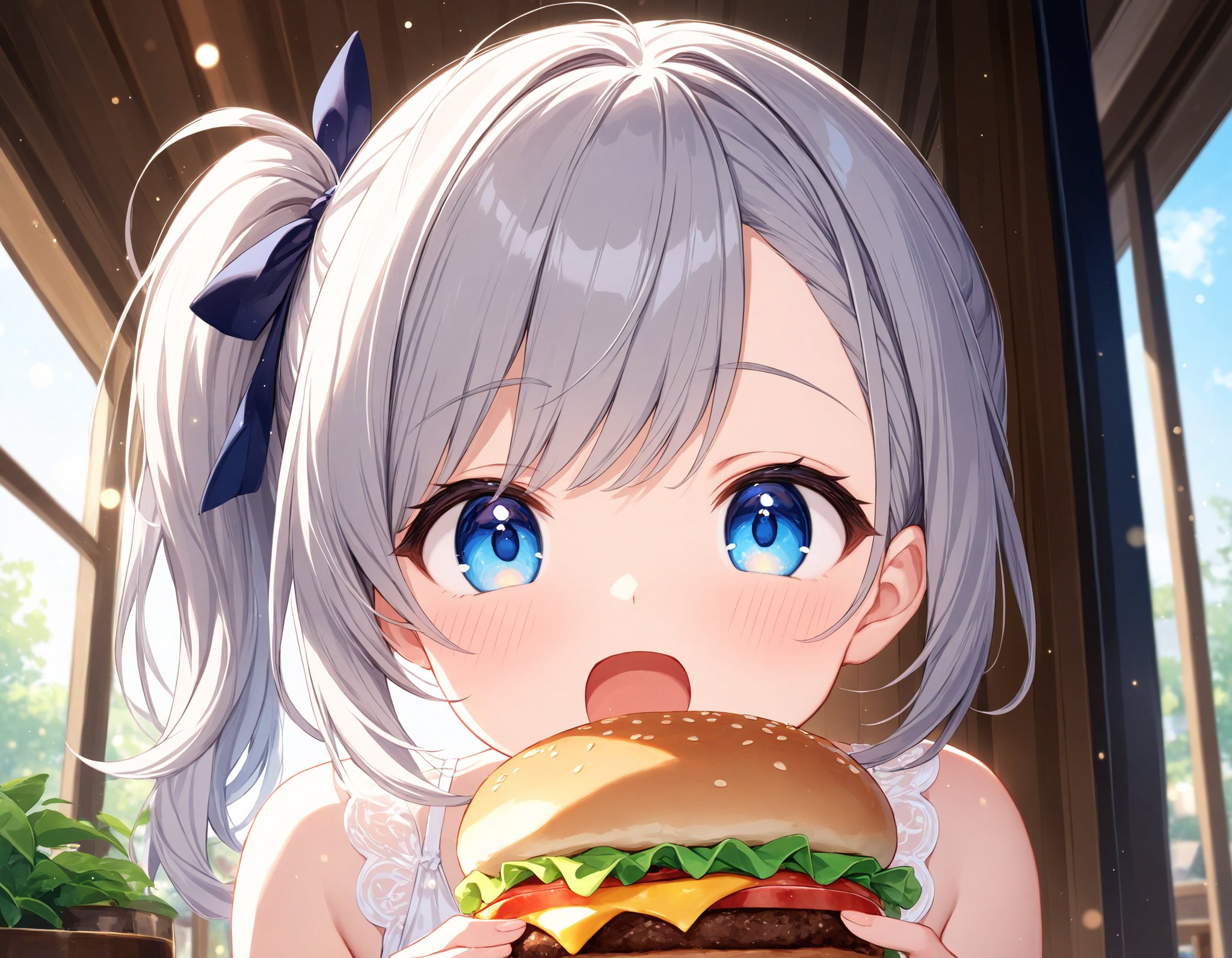 Depth of field. Upper body shot. Face focus. Shooting from front/below. A cute girl. Solo. :D. Open mouth. Eating hamburger. Looking at viewer. (Round face:1.1). Detailed dark-blue eyes. Tareme. Detailed body. Medium breasts. Medium hair. (Side ponytail:1.1). Hair ribbon. (Gray hair). (Gray inner hair). Aoge. Asymmetrical bangs. (White chiffon sundress:1.05). Inside cafe. Street view from window. (Daytime:1.2). (Natural lighting:1.4). Cute style. Intricate details. Extremely detailed. Outstanding intricacies. (Masterpiece:1.2). (Best quality:1.2). (Absurdres absolutely resolution:1.4).