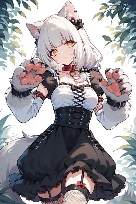 score_9, score_8_up, score_7_up, score_6_up, 1girl, <lora:Elsie:0.9> elsie, bangs, solo, animal hands, animal ears, skirt, garter straps, collar, breasts, fishnets, looking at viewer, white hair, wolf suit