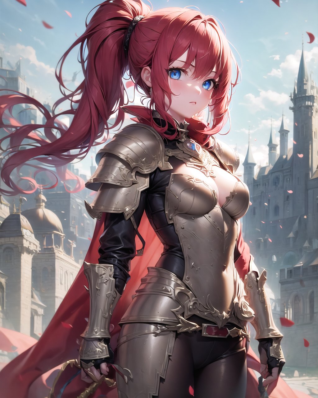 masterpiece, best quality, detailed, castle, 1girl, standing, armor, red hair, ponytail, blue eyes, medium breasts, looking at viewer, cape,