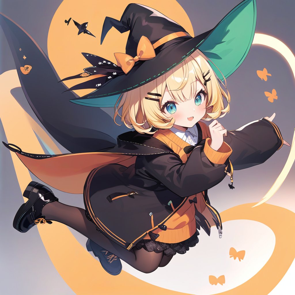 millie_parfait, blond hair, short hair, hairpin, big witch hat, green hats lining, black jacket, orange sweater, black skirt, black pantyhose, black footwear, orange bow<lora:EMS-390871-EMS:0.500000>