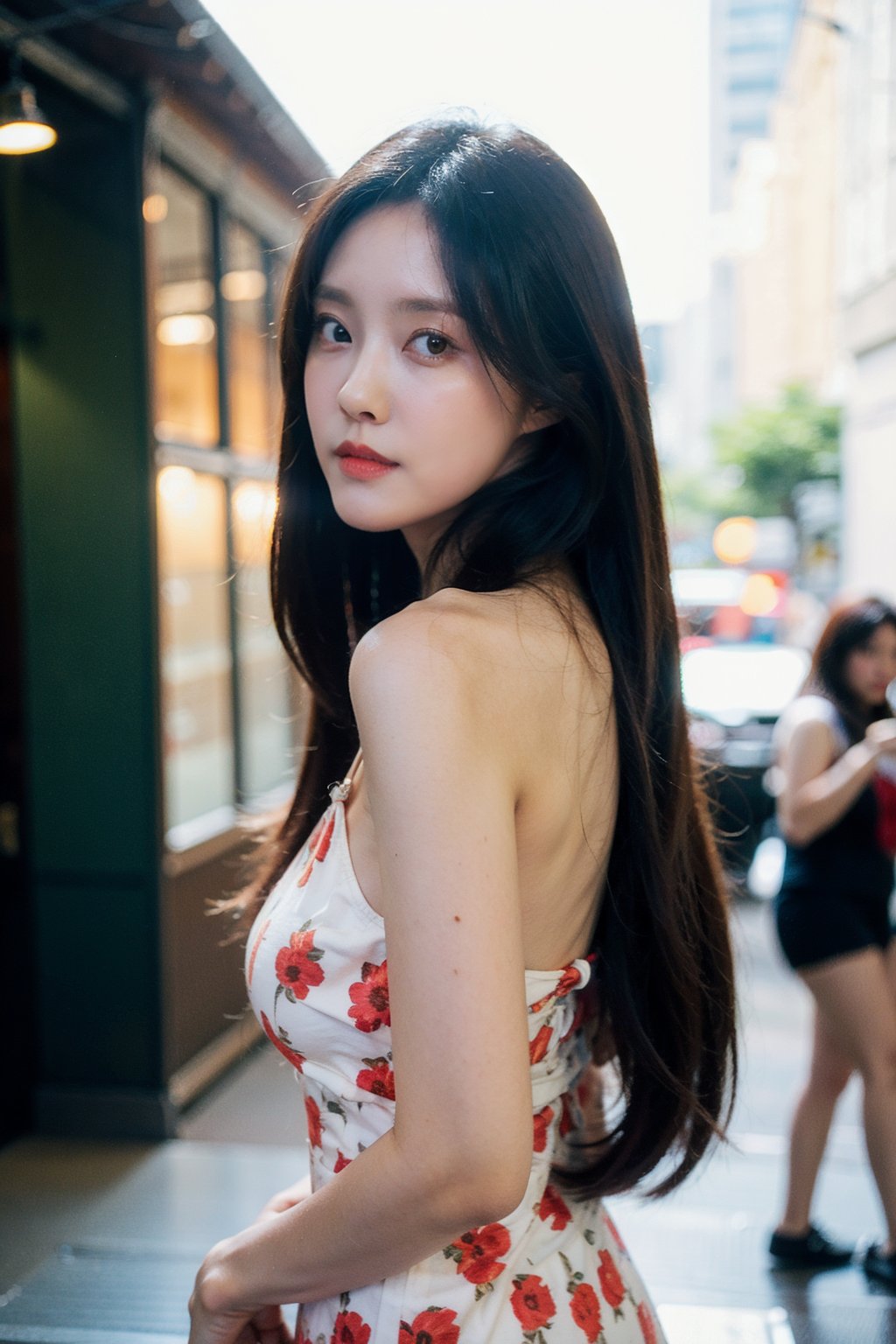 Best quality, masterpiece, ultra high res, (photorealistic), raw photo,1girl, skinny, upper body,solo, realistic, looking at viewer, long hair, bokeh background, city streets,brown eyes, bohemian dress,  <lora:makina69_hyomin_v1.0:1>