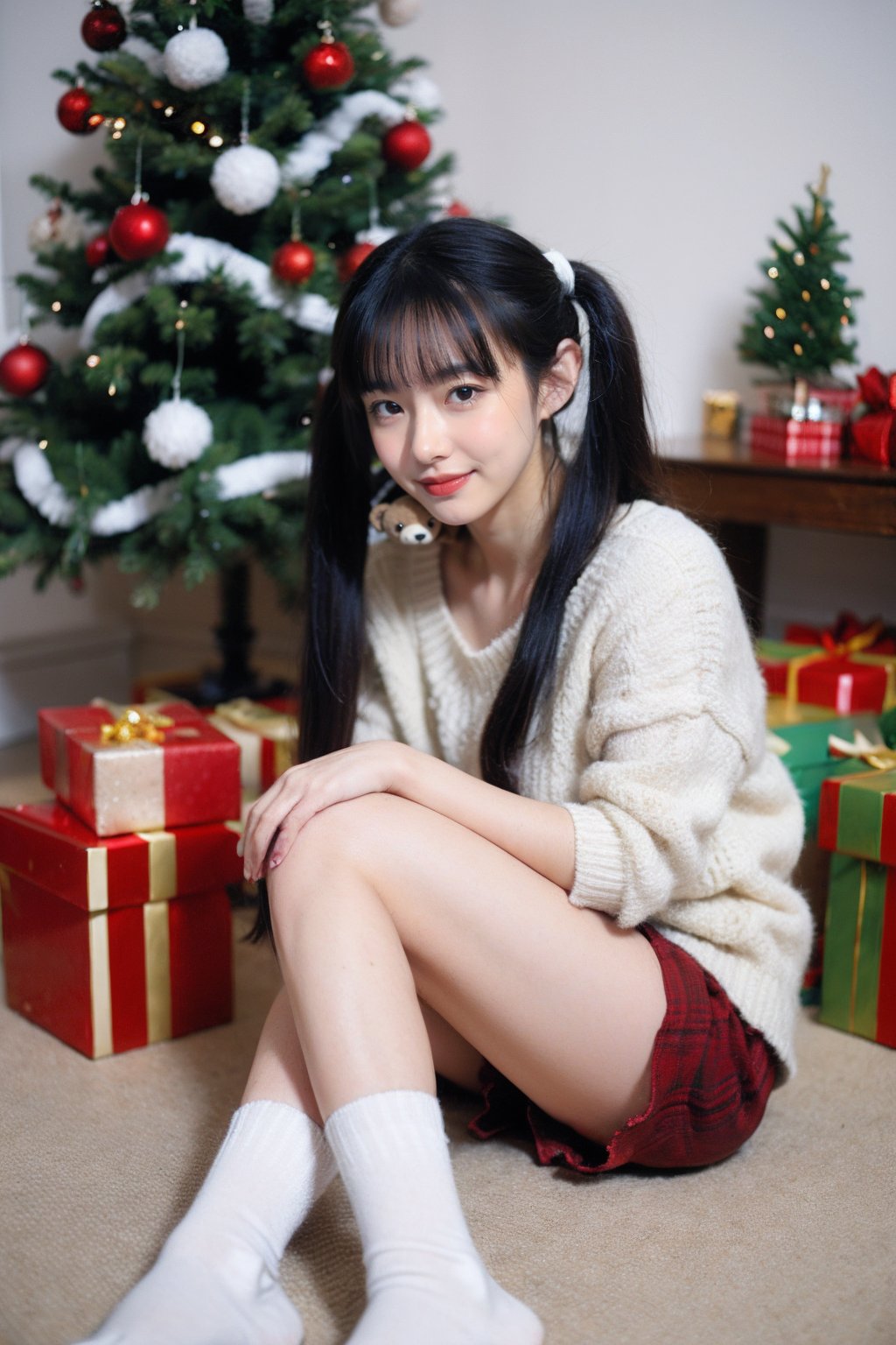 1girl,moyou,masterpiece, best quality,1girl,winterstyle, christmasstyle, 1girl, solo, christmas tree, black hair, realistic, smile, twintails, christmas, stuffed toy, sitting, gift, stuffed animal, teddy bear, socks, christmas ornaments, looking at viewer