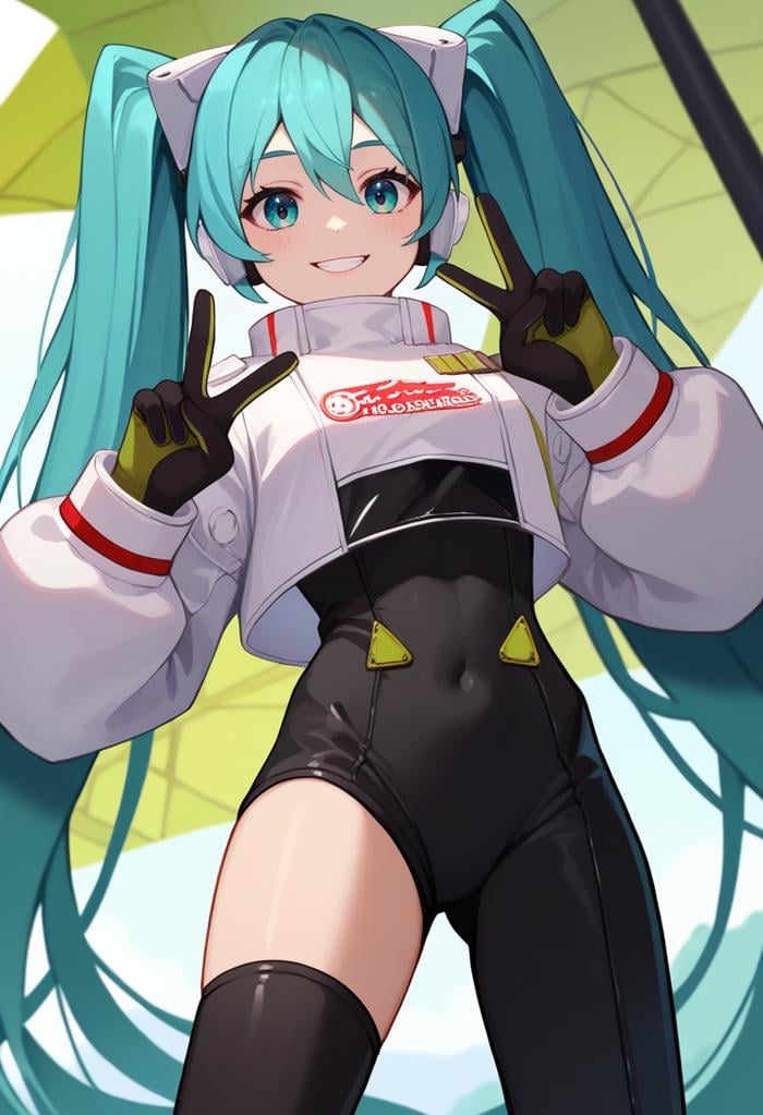 score_9, score_8_up, score_7_up, source_anime, solo, 1girl, racingmiku2022, smile, looking at viewer, double v, twintails, white jacket, cropped jacket, long sleeves, two-tone gloves, black gloves, green gloves, black bodysuit, single thighhigh, single thigh boot, outdoors <lora:vocaloid_racingmiku2022_ponyXL:1>