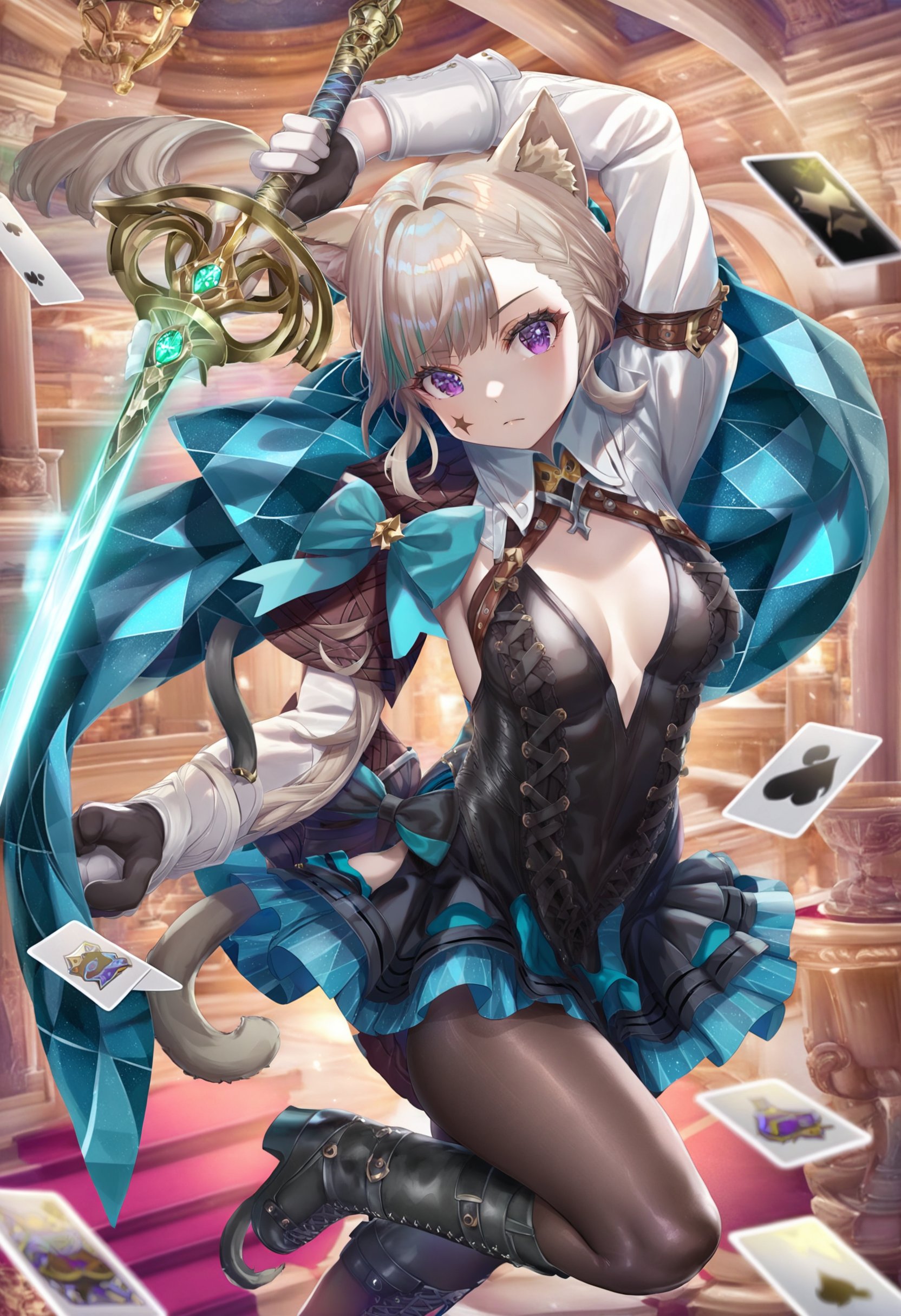 masterpiece, best quality,1girl, lynette \(genshin impact\),  solo, animal ears, pantyhose, tail, breasts, cat ears, purple eyes, sword, cat tail, weapon, long hair, holding, card, gloves, looking at viewer, long sleeves, cat girl, holding sword, facial mark, black gloves, cleavage, boots, star facial mark, holding weapon, black pantyhose, black footwear, bow, star \(symbol\), grey hair, dress, black dress, closed mouth, leotard, expressionless, floating card, huge bow, green bow, medium breasts, cross-laced dress, white gloves, cross-laced clothes, cross-laced gloves, two-tone gloves, backless outfit, ass <lora:torinoXLlokr8f-000182:0.95>