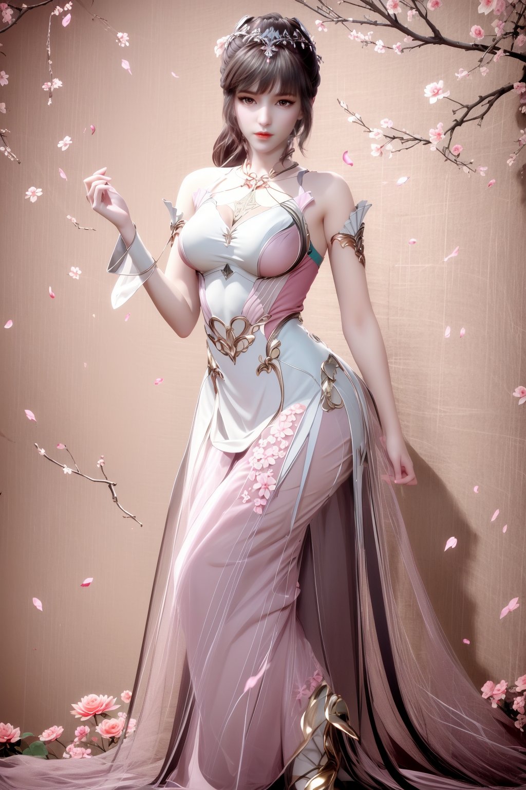 (8k, RAW photo, best quality, masterpiece:1.2),hatching (texture),skin gloss,light persona,artbook,extremely detailed CG unity 8k wallpaper,official art,(high detailed skin),glossy skin,contrapposto,female focus,sexy,fine fabric emphasis,wall paper,flower,lotus,hair ornament,branch,sitting,lily pad,tree,petals,leaf,1girl,solo,looking at viewer,full-body,pov,ribbon,flower,petals,pink flower,pink_dress,white_dress,long skirt,xwhd,<lora:0325xw32-000012:0.8>,ll-hd,<lora:1111白皙质感:0.5>,ty-hd,ty-hd,<lora:0110田野:0.6>,<lora:GoodHands-vanilla:1>,