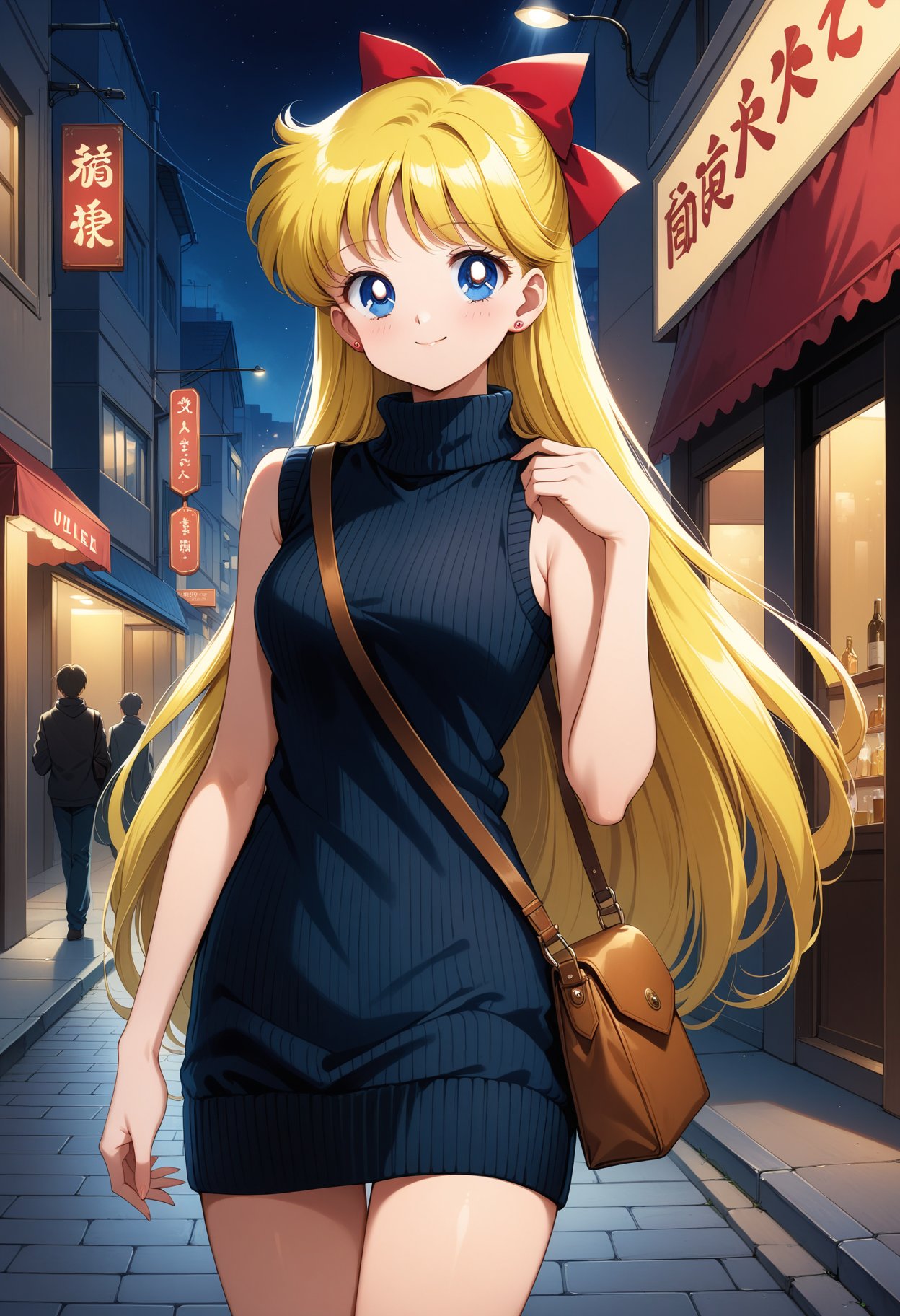 (masterpiece, best quality, very aesthetic, ultra detailed), intricate details, 4k, aavenus, long hair, blonde hair, hair bow, earrings, blue eyes, <lora:sailor_venus_animaginexl_v2:0.9>, ribbed sweater, black sweater, sweater dress, sleeveless, turtleneck, shoulder bag, bare arms, smile, night, street, standing, cowboy shot,