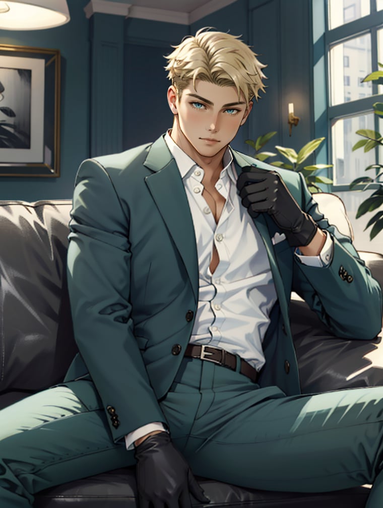 loid_forger, solo, looking at viewer, short hair, blue eyes, blonde hair, shirt, gloves, 1boy, sitting, jacket, white shirt, male focus, black gloves, pants, indoors, spread legs, open jacket, muscular, formal, abs, cat, suit, pectorals, couch, green jacket, unbuttoned, green pants, <lora:loid_forger_SPY:1>