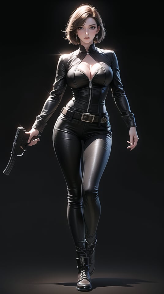 (best quality), ((masterpiece)), (highres), illustration, original, extremely detailed,1girl, solo, breasts, gun, weapon, cleavage, brown hair, bodysuit, handgun, dual wielding, holding, short hair, large breasts, black background, belt, skin tight, full body, earrings, jewelry