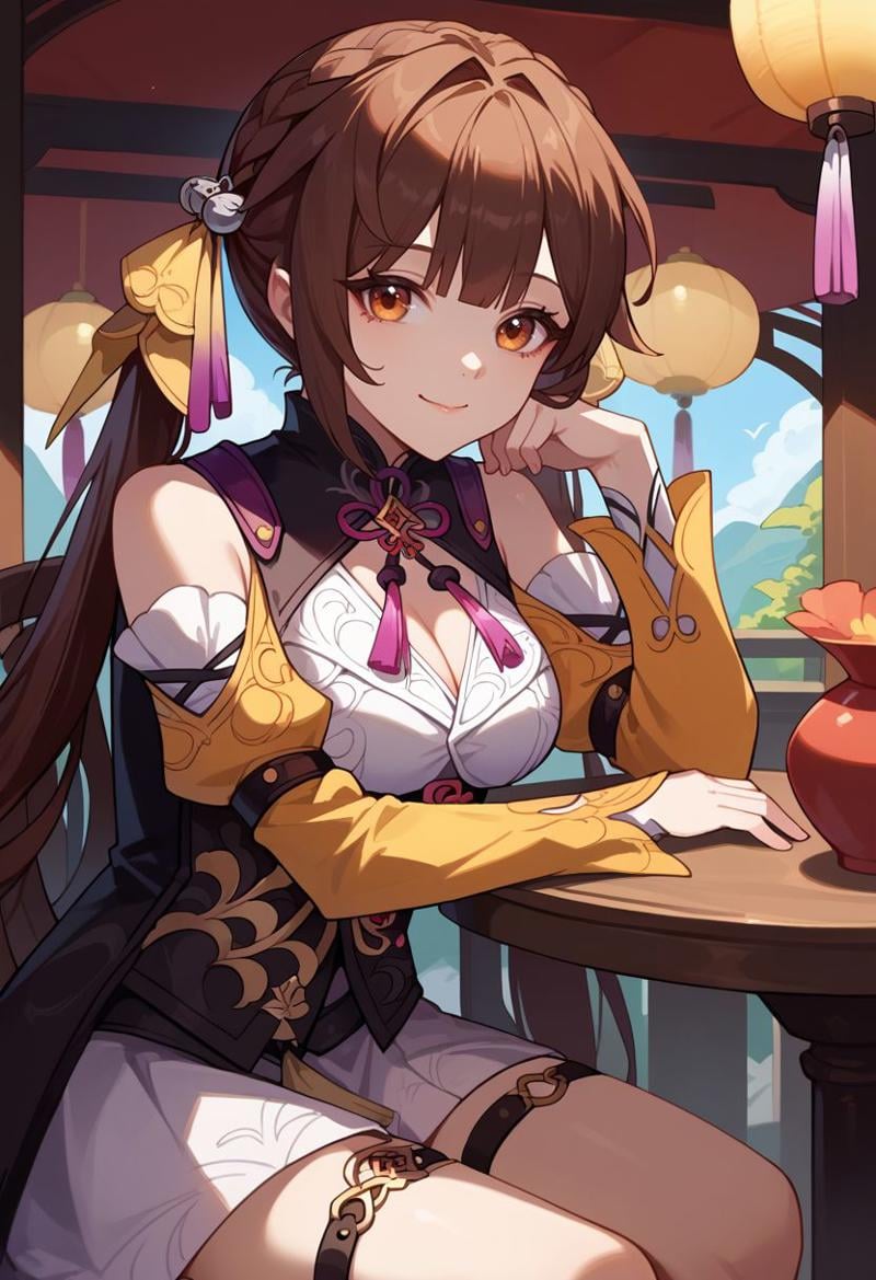 score_9, score_8_up, score_7_up, source_anime, 1girl, sushangdef, brown eyes, brown hair, long hair, twintails, braid, hair ornament, bare shoulders, long sleeves, shoulder cutout, clothing cutout, cleavage cutout, white dress, chinese clothes, tassel, thigh strap, sitting, chair, table, head rest, elbow rest, smile, closed mouth, looking at viewer, outdoors, portrait, close-up, upper body, facing viewer, <lora:Sushang_v1-000010:1>