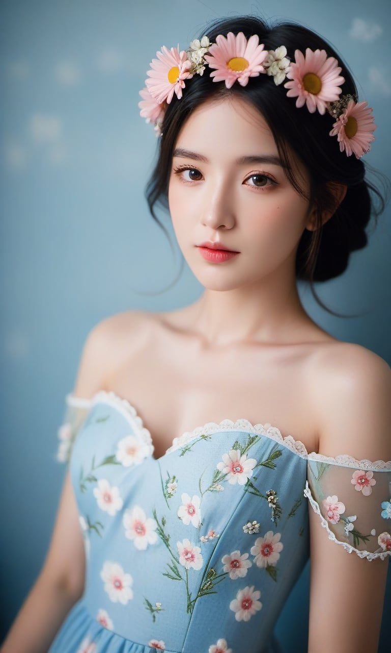 Textured skin, dim light, low key，A young woman with dark hair, wearing a floral crown of pink and white flowers, has a daisy on her lips, She is adorned with small flowers on her chest and has a light blue dress with floral patterns,happy,moody lighting,,, <lora:WDR_景深-通透调节器:1>(EOS R8,50mm,F1.2,8K,RAW photo,reality_ray_tracing,sidelight,