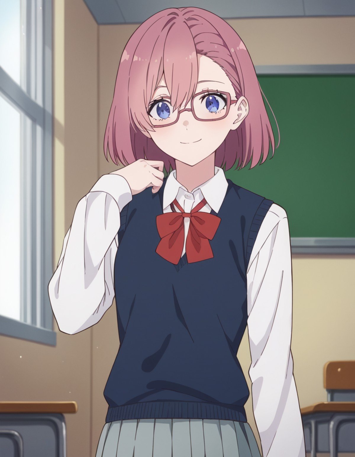 score_9, score_8_up, score_7_up, source_anime, <lora:ririsa-amano-s1-ponyxl-lora-nochekaiser:1>, ririsa amano, short hair, glasses, blue eyes, pink hair, bangs,, skirt, bow, school uniform, jacket, pleated skirt, grey skirt, sweater vest, collared shirt,, indoors, smile, looking at viewer, solo,, cowboy shot, dutch angle