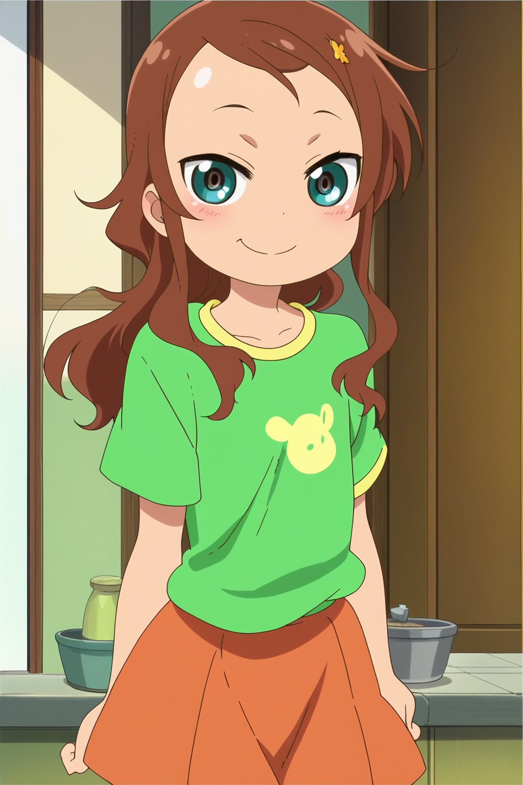 Score_9, Score_8_up, score_7_up, score_6_up, official style, anime screencap, 1girl, solo, saikawa, green shirt, orange skirt, looking at viewer, smile<lora:EMS-395096-EMS:0.800000>, <lora:EMS-348297-EMS:-2.000000>