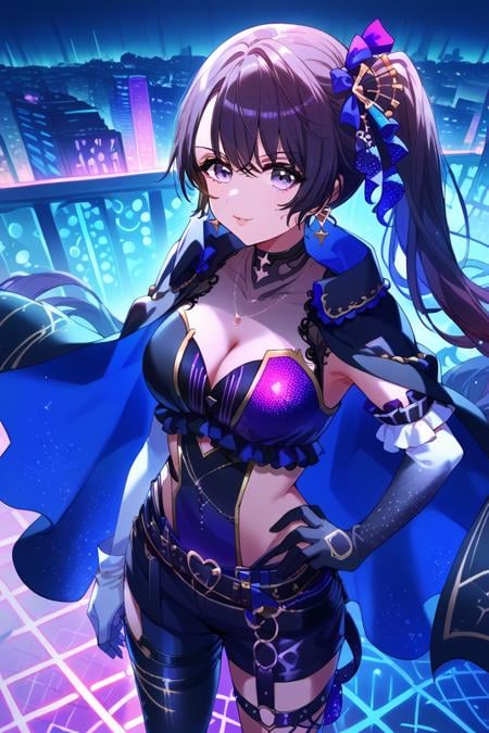 score_9, score_8_up, score_7_up, score_6_up, 1girl, <lora:Himegami_Shano:0.9> himegami, breasts, solo, long hair, cleavage, gloves, hand on hip, side ponytail, jewelry, medium breasts, cape, earrings, elbow gloves, bangs, rave