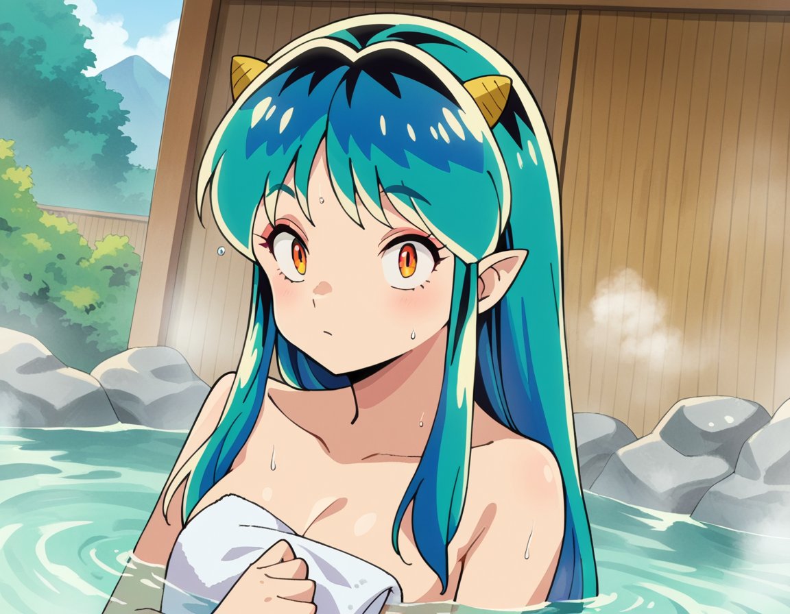 score_9, score_8_up, score_7_up, source_anime,uruseilum, <lora:urusei-lum-anime-s1-ponyxl-lora-nochekaiser:1>,lum, long hair, bangs, blue hair, orange eyes, horns, pointy ears, aqua hair, oni horns, eyeshadow,nude, naked, outdoors, onsen, towel, naked towel, steam, bathing, nude cover, partially submerged, water, bath, steam censor, wet towel,looking at viewer, dutch angle, cowboy shot,