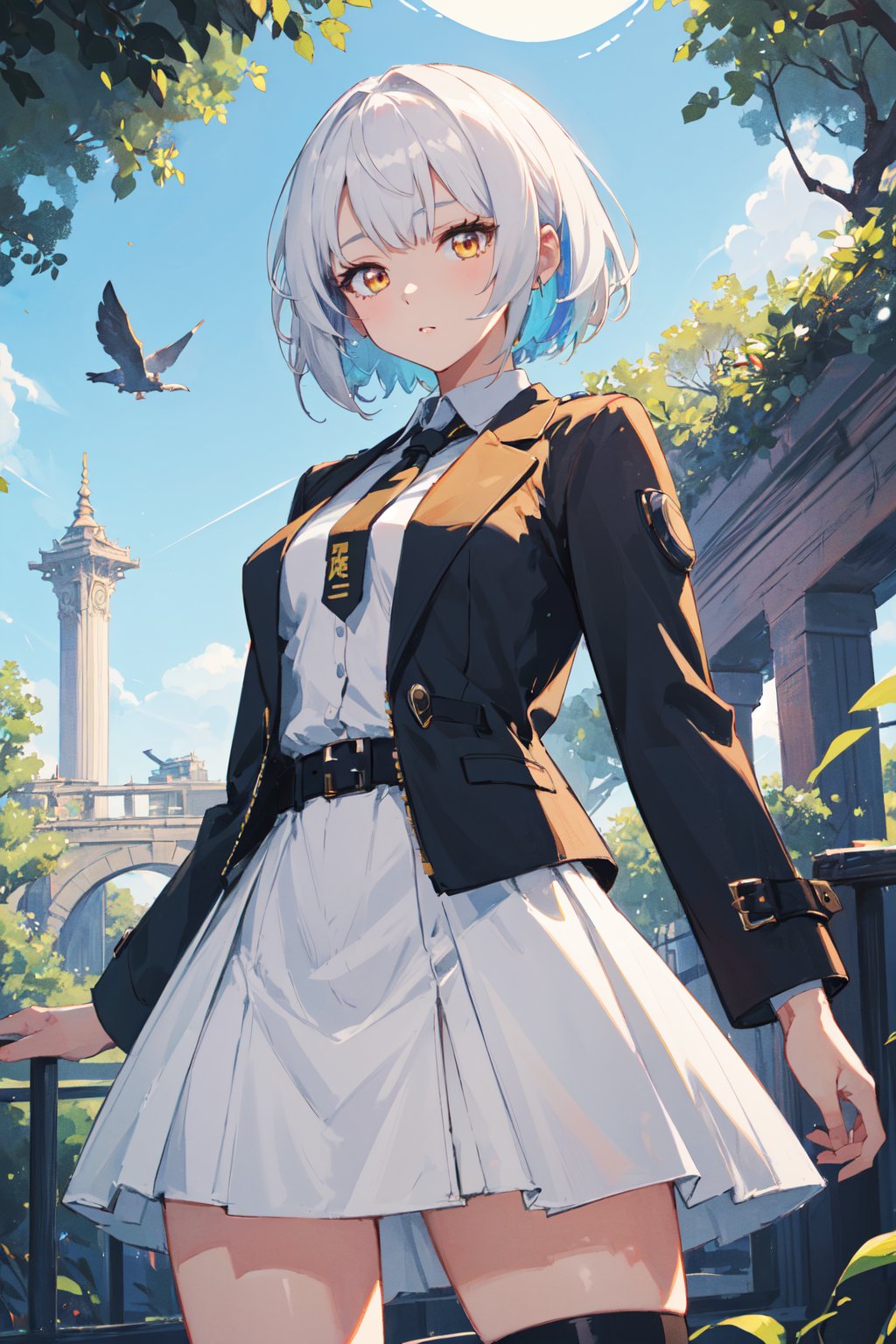 <lora:Anby-000020:0.6>,Anby CYQL,1girl,looking at viewer,solo,short hair,white hair,yellow eyes,(Chic and sophisticated look with a tailored dress and structured blazer:1.3),(teasing_smile:1.2),(panorama:1.3),Amidst the dense foliage, towering ancient trees block out the sun while vines intertwine, and brightly hued birds dart about. The occasional monkey's call echoes,beautiful detailed sky,beautiful detailed glow,posing in front of a colorful and dynamic background,masterpiece,best quality,beautiful and aesthetic,contrapposto,female focus,wallpaper,