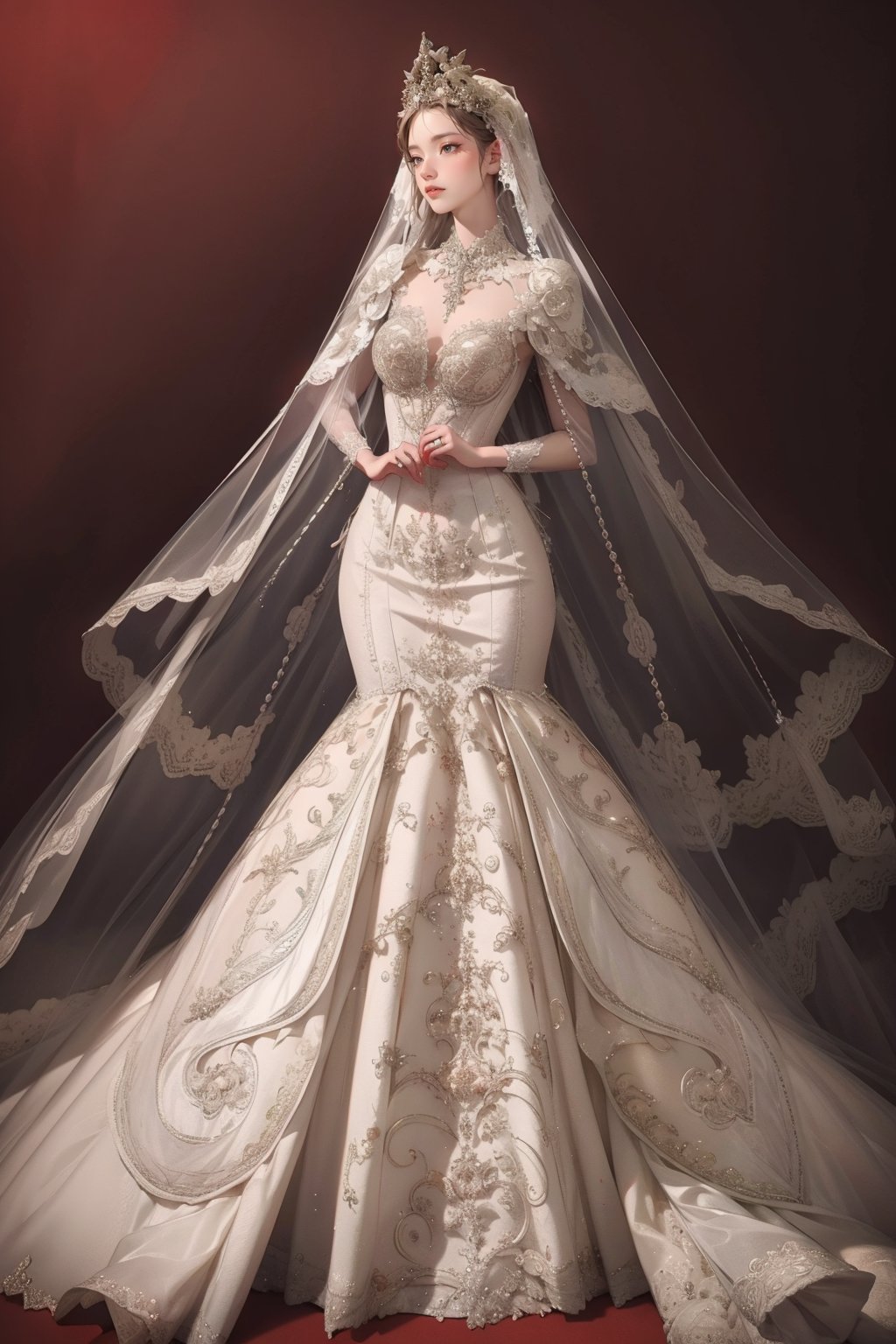 1girl,solo,medium breasts,outdoors,<lora:GoodHands-beta2:1>,(red background),(full body:1.3),ruanyi0257,bridal veil,lace-trimmed dress,wedding dress,white dress,bride,<lora:0257 castle style wedding dress_v2:0.9>,full frontal,, best quality,masterpiece,highres,official art,extremely detailed cg unity 8k wallpaper