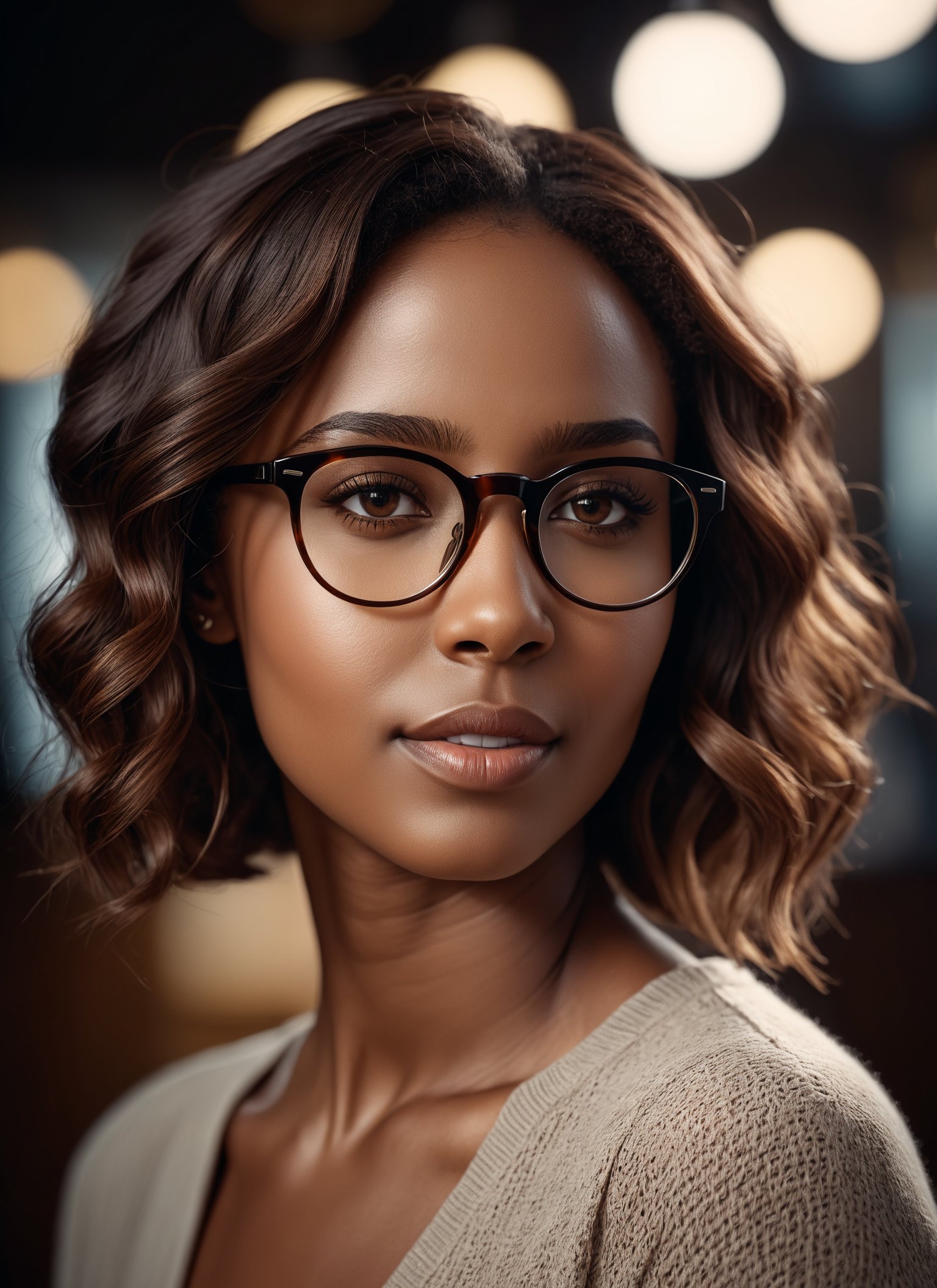 cinematic still Wide angle medium format photorealistic highly detailed 8k photography, (Short light-skinned black female with glasses:1.3), Central composition, Flowing brown locks, Sparkling eyes, Subtle freckles, Elegant frames, Natural warmth, Detailed realism, Soft atmosphere . emotional, harmonious, vignette, highly detailed, high budget, bokeh, cinemascope, moody, epic, gorgeous, film grain, grainy