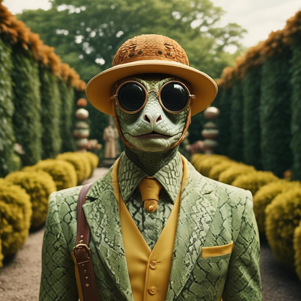 cinematic photo of a Snake dressed as a man  in a garden <lora:Happy_World:0.8>, 35mm photograph, film, bokeh,  professional, 4k, highly detailed,  