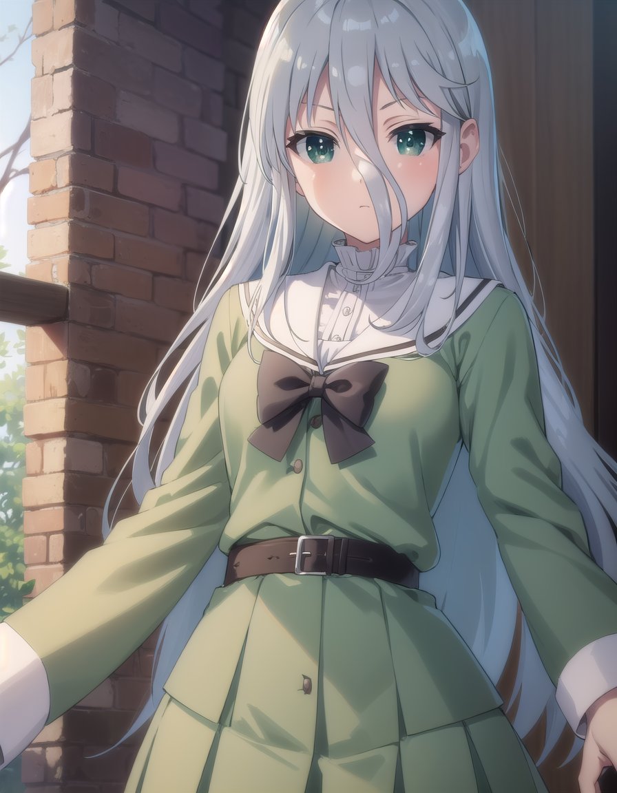 gekkosenko, <lora:sk gekko senko s1-lora-nochekaiser:1>,senko, long hair, hair between eyes, (green eyes:1.3), grey hair,BREAK bow, school uniform, serafuku, long sleeves, puffy sleeves, grey serafuku,BREAK indoors, classroom,BREAK looking at viewer, (cowboy shot:1.5),BREAK <lyco:GoodHands-beta2:1>, (masterpiece:1.2), best quality, high resolution, unity 8k wallpaper, (illustration:0.8), (beautiful detailed eyes:1.6), extremely detailed face, perfect lighting, extremely detailed CG, (perfect hands, perfect anatomy),