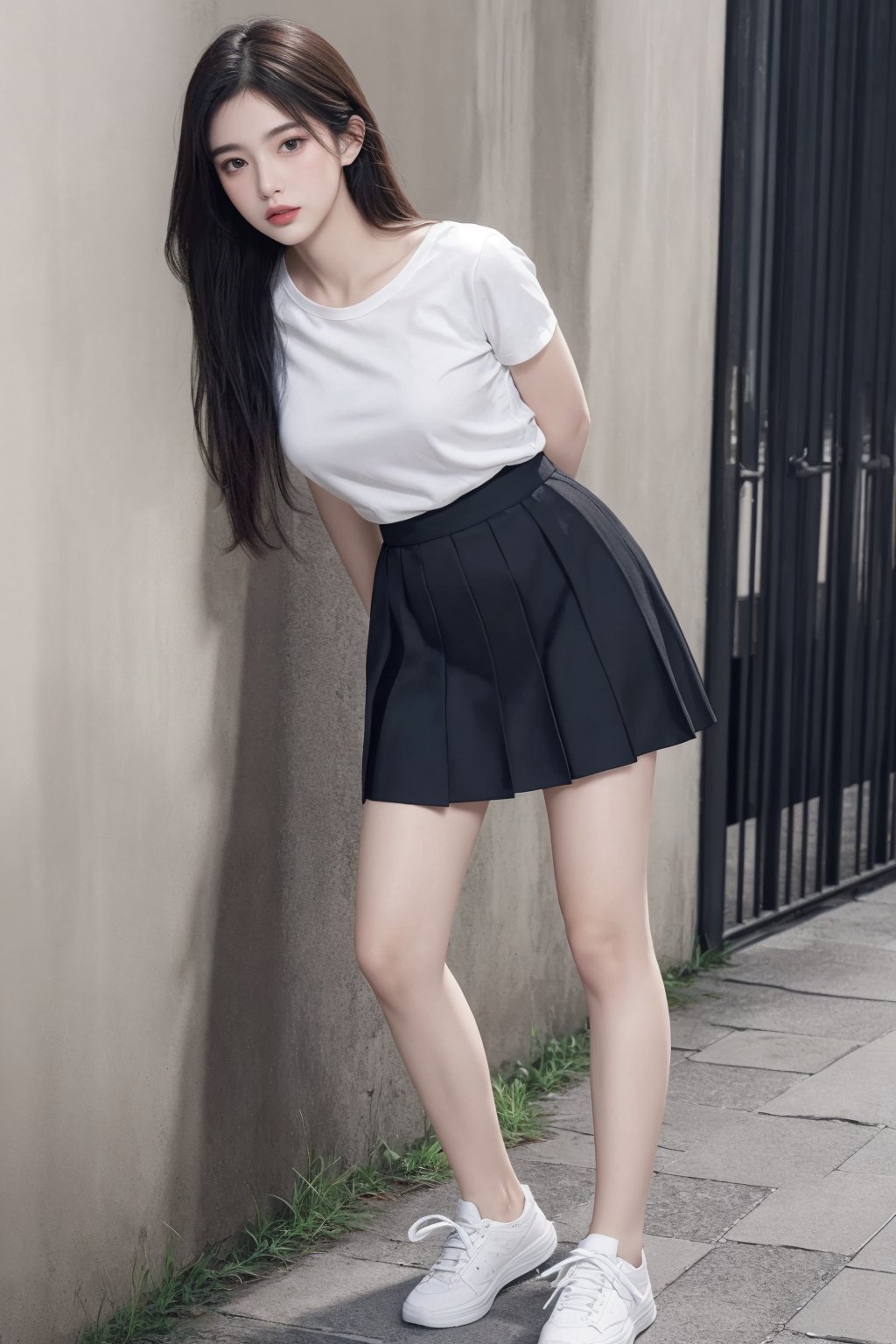 1girl, against wall, arms behind back, black hair, braid, full body, grey skirt, hair over shoulder, long hair, looking at viewer, pleated skirt, shirt, shoes, short sleeves, skirt, solo, standing, twin braids <lora:国际超模脸:0.8>