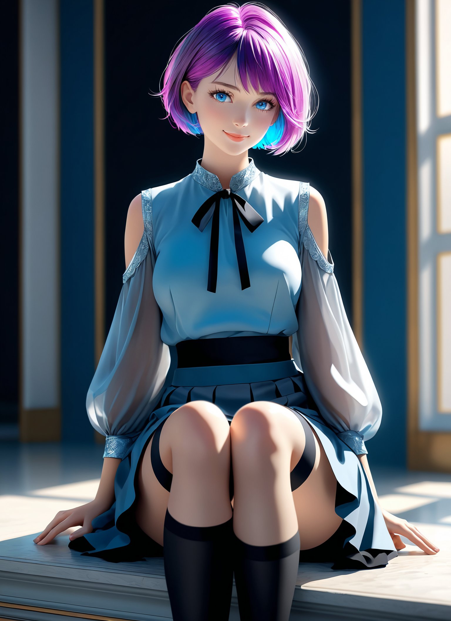 Medium format photorealistic highly detailed 8k photography, (Short-haired lady's blue eyes:1.2), Radiating composition, Detailed sleeves, Flowing grey skirt, (Black thigh-highs complete the look:1.2), Seated with crossed legs, Subtle smile, (Chromatic aberration adds interest:1.1), Top-notch artistry, Perfection in quality