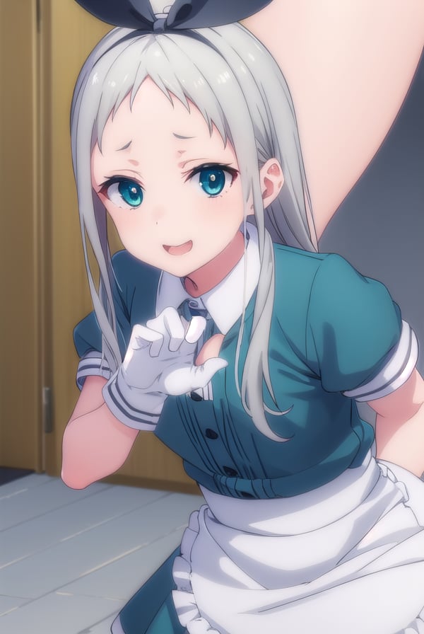 hiderikanzaki, <lora:hideri kanzaki s1-lora-nochekaiser:1>,hideri kanzaki, long hair, bow, (green eyes:1.3), hair bow, grey hair, male focus, hairband, black hairband, otoko no ko, (forehead:1.2), smile,BREAK gloves, dress, short sleeves, frills, puffy sleeves, white gloves, apron, puffy short sleeves, waist apron, white apron, frilled apron, waitress,BREAK indoors, restaurant,BREAK looking at viewer, (cowboy shot:1.5),BREAK <lyco:GoodHands-beta2:1>, (masterpiece:1.2), best quality, high resolution, unity 8k wallpaper, (illustration:0.8), (beautiful detailed eyes:1.6), extremely detailed face, perfect lighting, extremely detailed CG, (perfect hands, perfect anatomy),